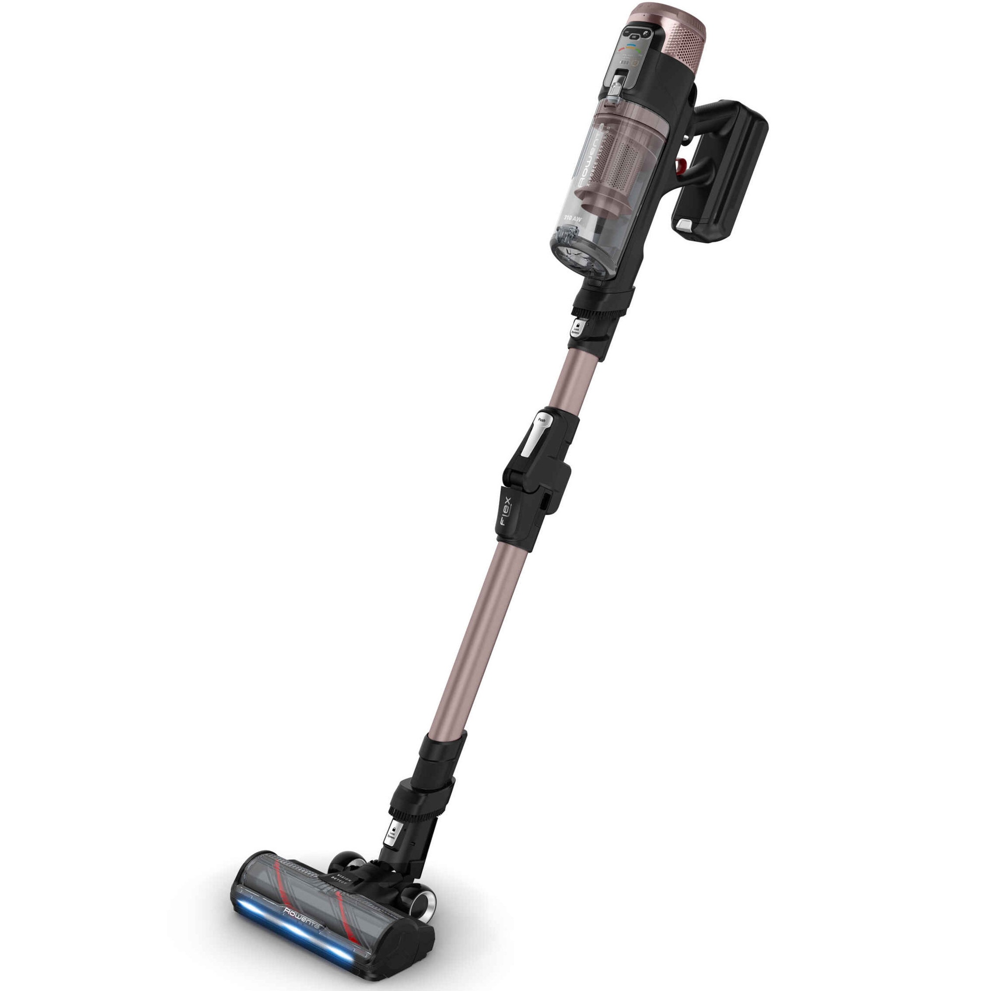 Rowenta X-Force Flex 16.60 Aqua RH9CD9E0 upright vacuum cleaner, Aerospin mop, 780W, 120 min, 99.9% filtration, 0.65L container, flexible tube, LED brush, digital panel, charging station, pink-black