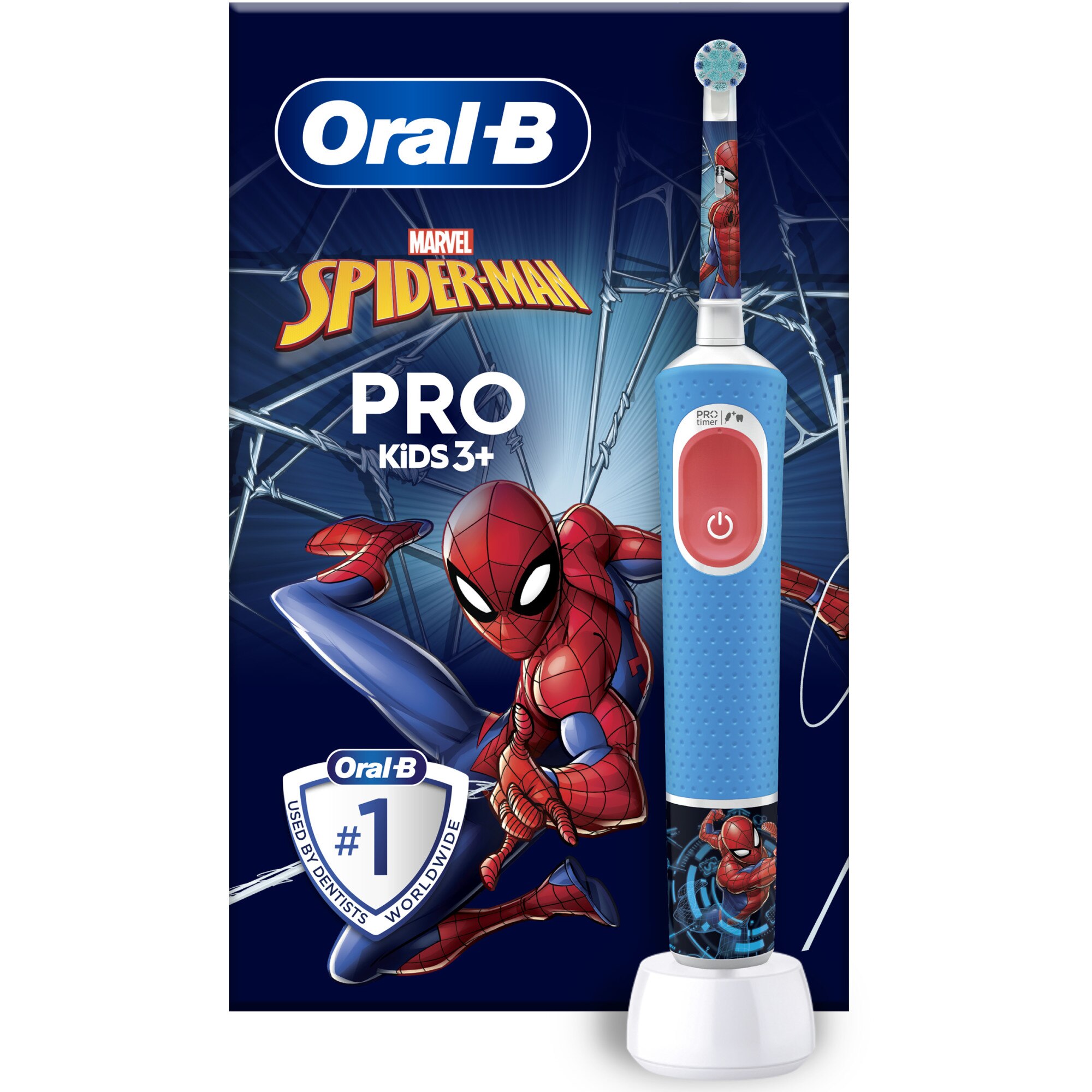 Oral-B Pro Kids Spiderman Electric Toothbrush for Children, 2D Cleaning, 2 Programs, 1 Head, 4 Stickers, Blue