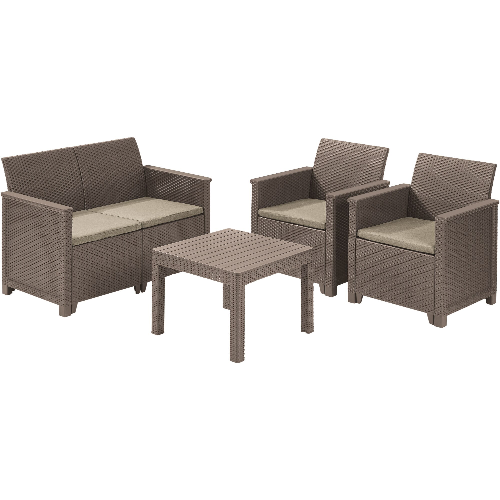 Keter Elodie patio/garden furniture set with 2-seater sofa, 2 armchairs and table, rattan look, plastic, sofa: 65 x 113 x74 cm, armchair: 65 x 63 x 74 cm, table 59 x 59 x 43 cm, anthracite gray, cushions included