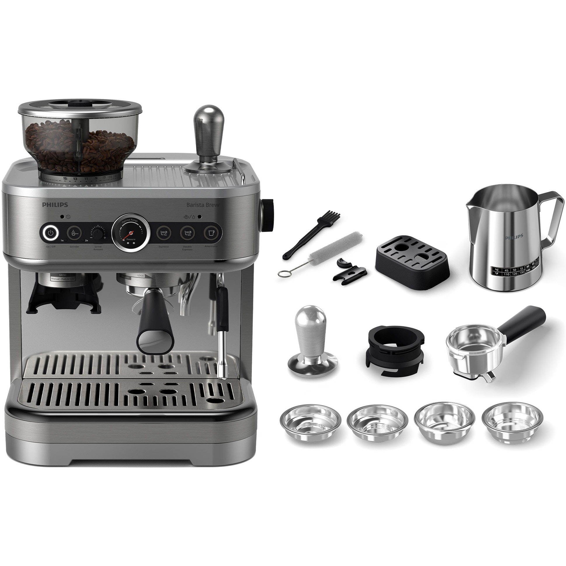 Philips Barista Brew PSA3228/01 semi-automatic espresso machine with metal conical grinder, 15 grind sizes, 15 bars, 1350W, 280g dual bean container, calibrated premium seal, Temperature Perfection milk jug, 450ml, grey