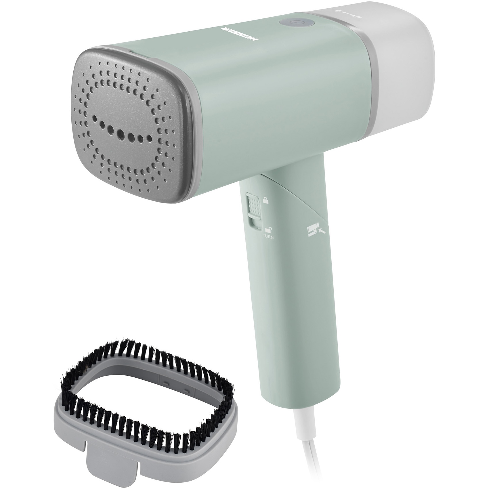 Heinner Venus HGS-1500GR vertical steamer, 1300-1500W, ceramic soleplate, continuous steam with lock button, removable water tank, foldable handle, brush included, automatic shut-off, steam flow 20+-4g/min, water tank capacity 140ml, green