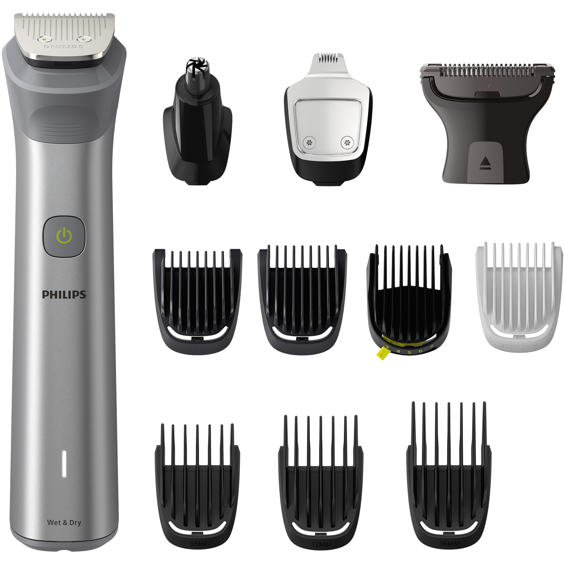 Aparat de tuns barba si parul 12 in 1 PHILIPS Multigroom All in One MG5940/15, tehnologie BeardSense, lame din otel cu auto-ascutire, 11 setari de lungime, rezistent la apa, husa, Negru / Argintiu