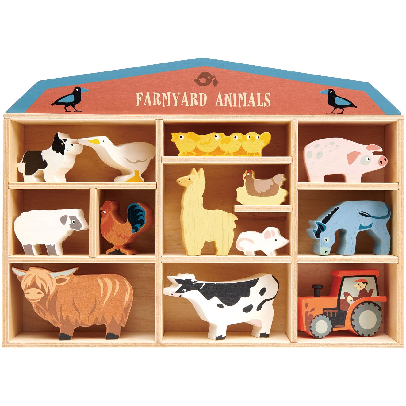 Set 13 figurine din lemn Tender Leaf Toys - Raftul cu animalele de la ferma