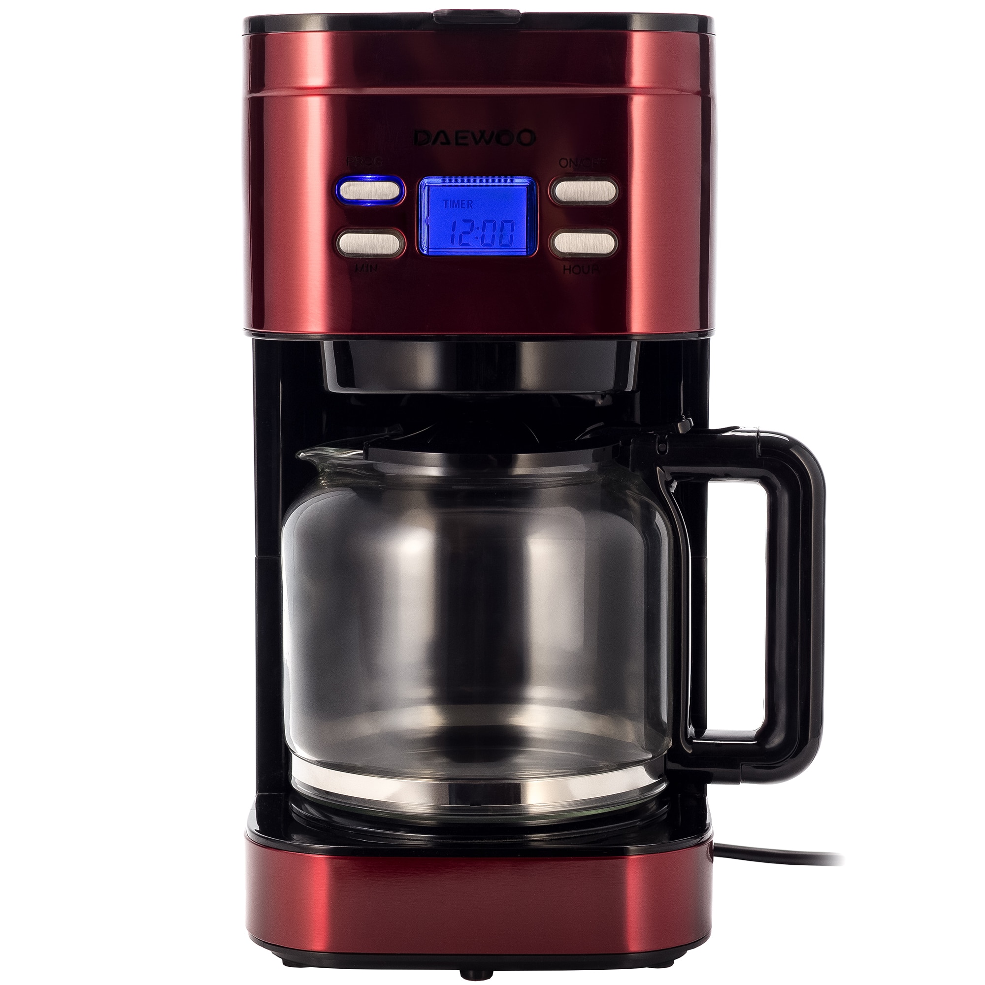 Cafetiera Daewoo DCM1000R, 1000 W, 1.5 l, Filtru permanent, Timer 24 ore, Indicator nivel apa, Design ergonomic, Rosu/Negru