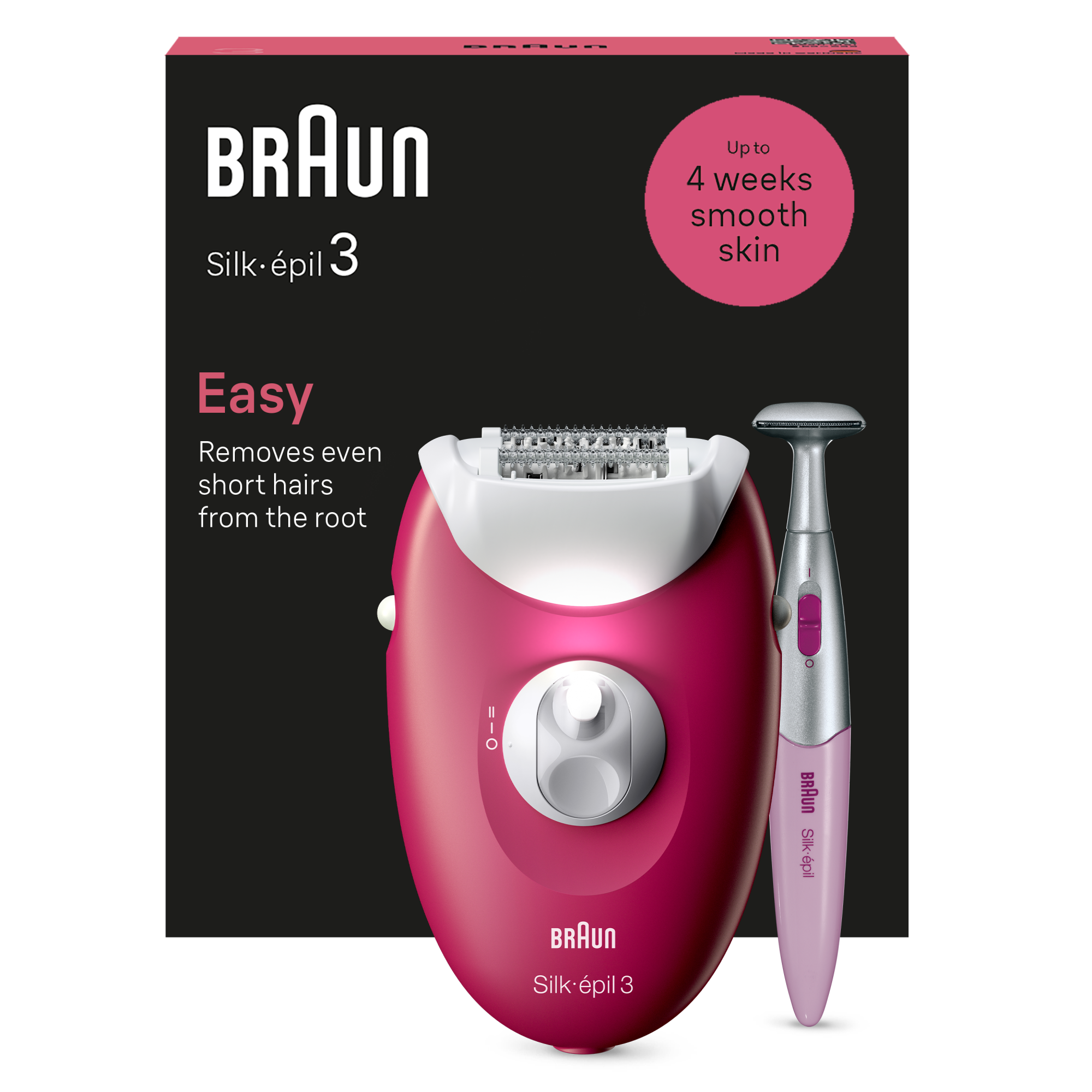 Epilator Braun Silkpil 3 3202, MicroGrip, Smart Light, 20 tweezers, 2 speeds, Trimmer, Fuchsia