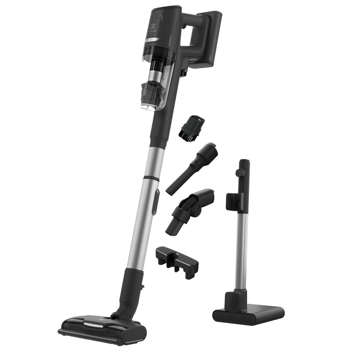 Electrolux Ultimate 800 vertical vacuum cleaner, 25.2 V, 150 AW, LCD screen, 3 speeds + AUTO, 0.4 l, telescopic stainless tube, 99.99% filtration efficiency, 60 min autonomy, LED electric brush, charging stand on floor, Gray granite