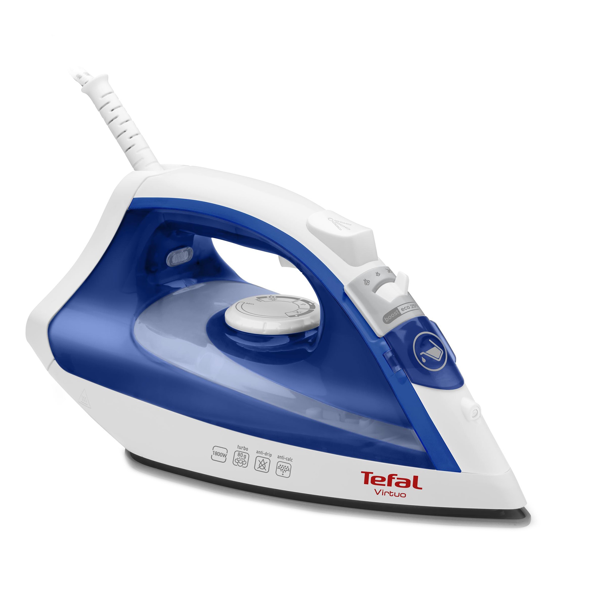 Tefal Virtuo FV1711E0 iron, 1800W, steam jet 80 g/min, variable steam 0-24 g/min, 200 ml water tank, anti-calc function, anti-drip system, blue