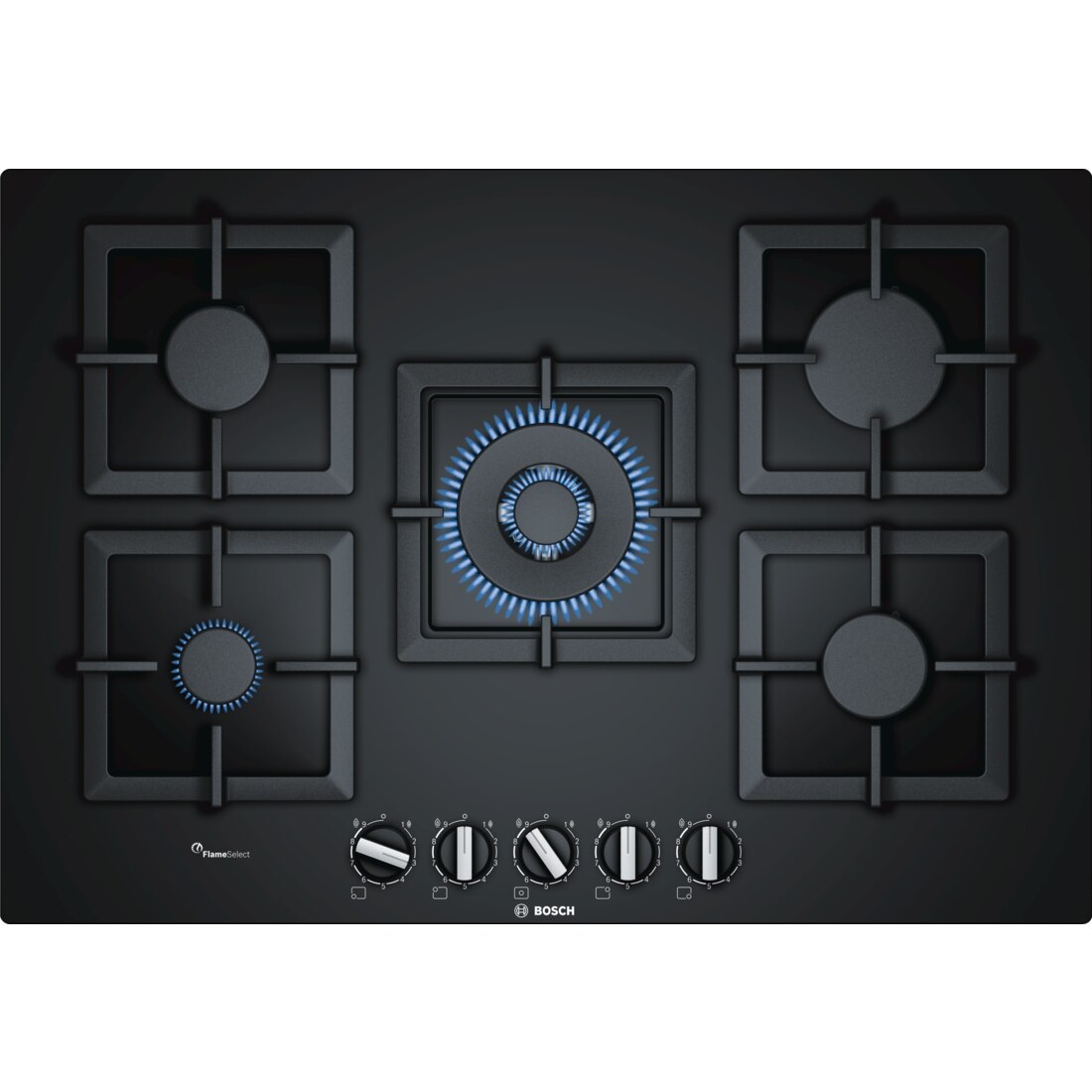Bosch PPQ7A6B20 built-in hob, gas, 5 burners, WOK burner, cast iron grate, 75 cm, black glass