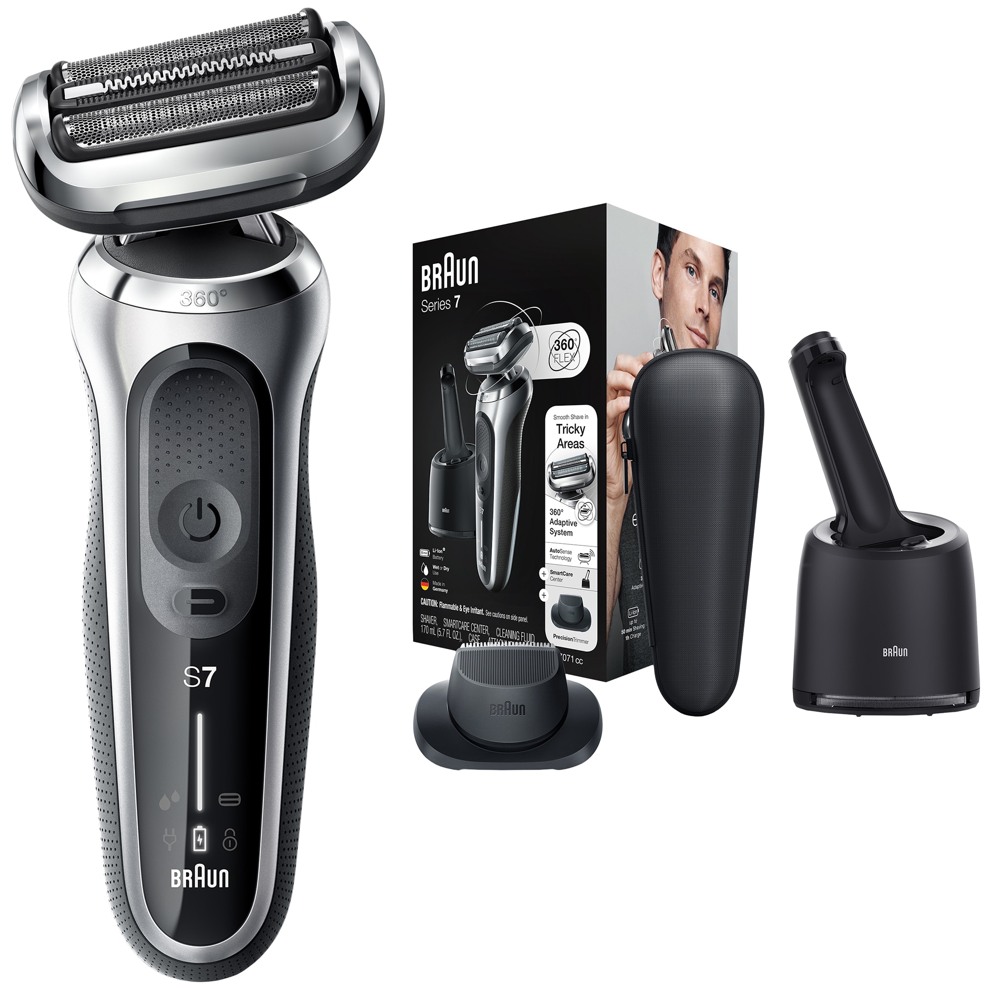 Aparat de ras electric Braun Series 7 71-S7200cc Wet&Dry, 4 elemente de taiere, SensoFlex, AutoSense, Statie de incarcare si curatare Smart Care, Trusa de voiaj, Argintiu