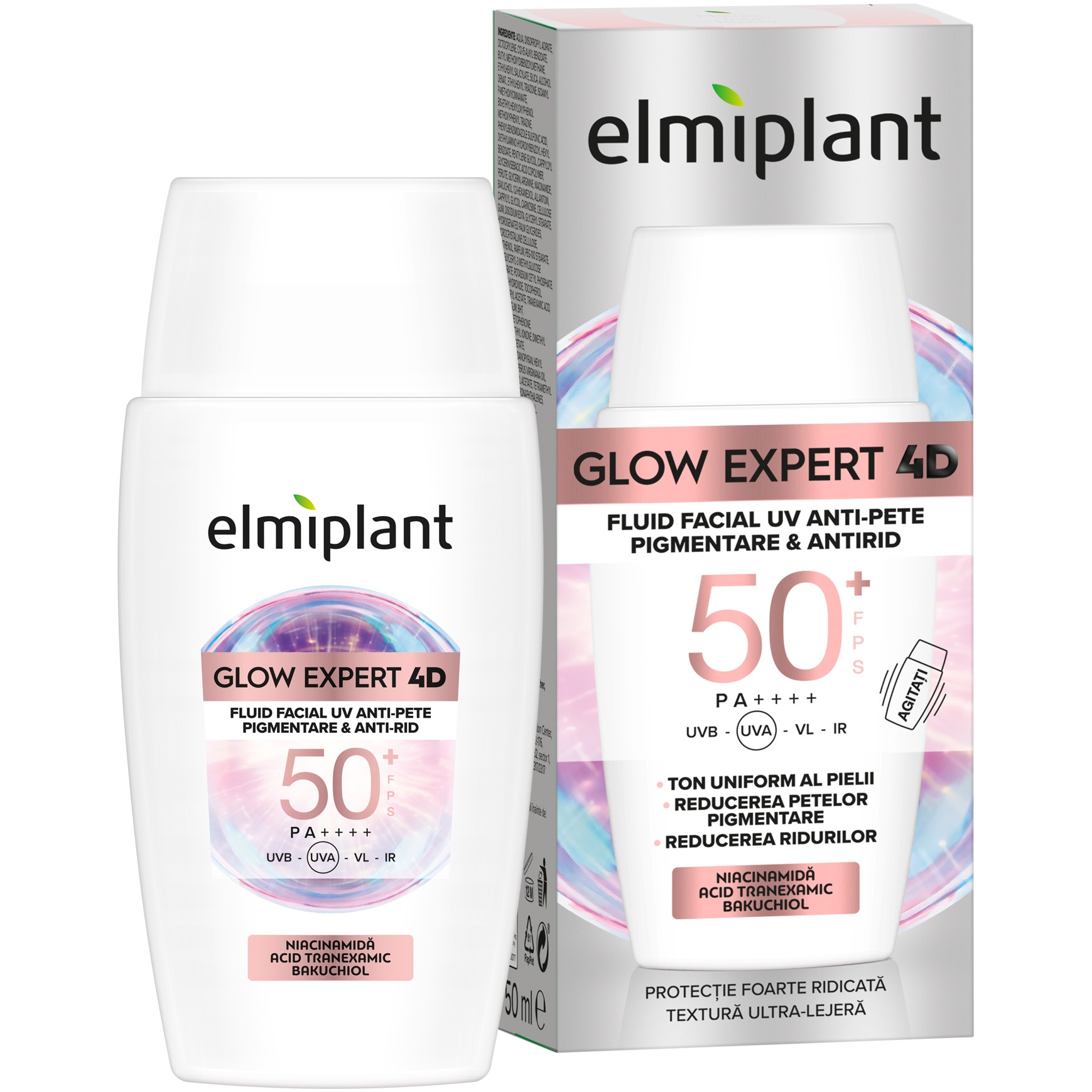 Fluid facial Elmiplant GLOW EXPERT 4D UV, anti pete pigmentare si antirid, cu SPF 50+, 50ml