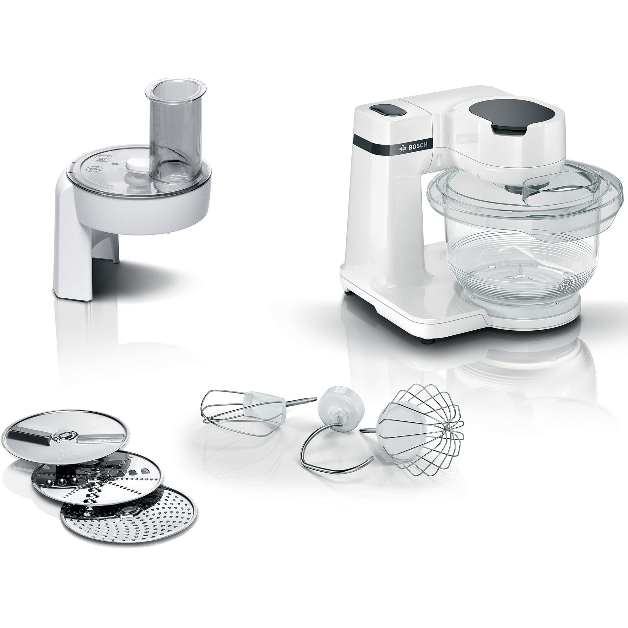 Bosch MUMS2TW01 Food Processor, 700 W, 4 speed settings, 3.8 l Tritan bowl, 3D planetary mixing, Pastry set, 3 slicing/scraping discs, White