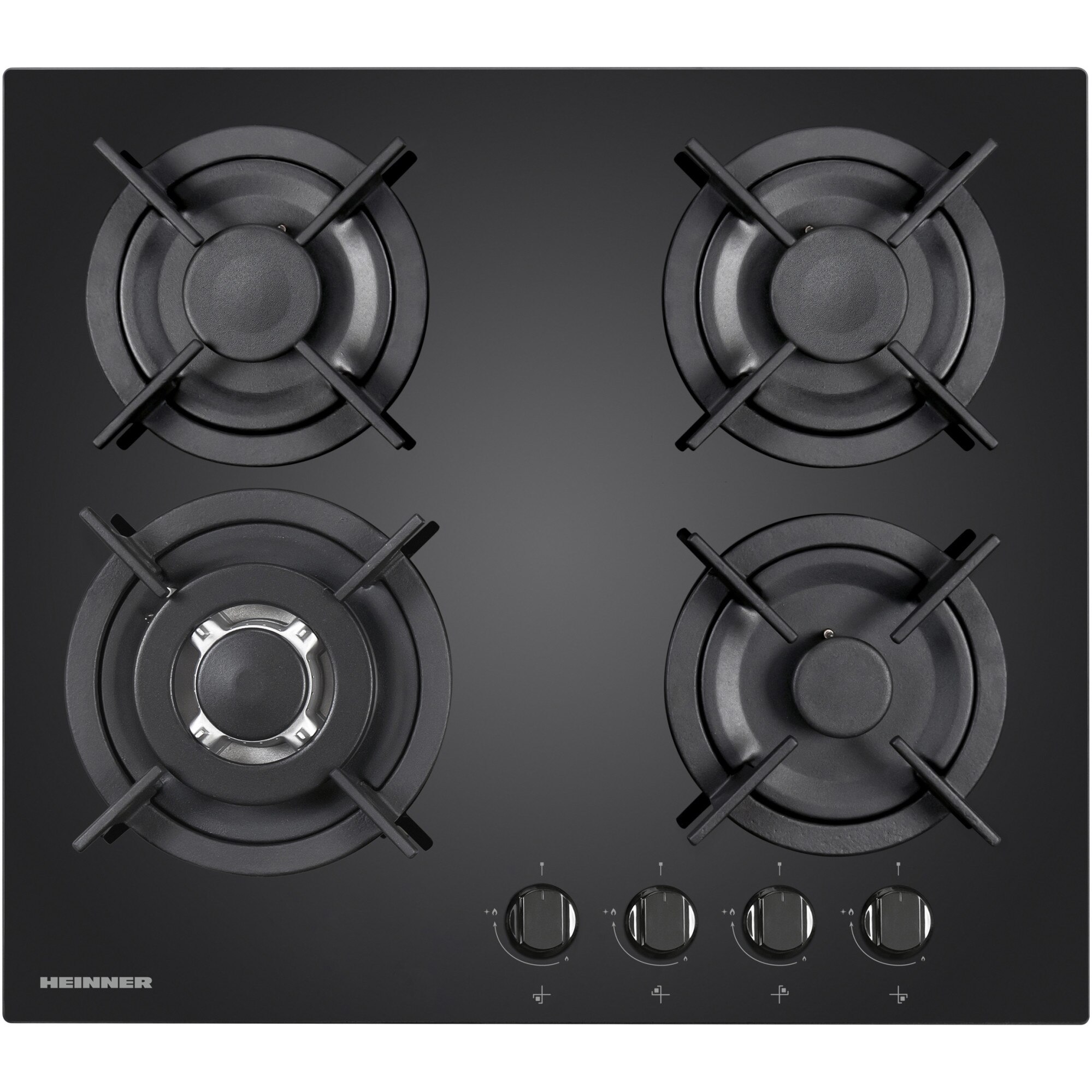 Plita incorporabila Heinner HBH-V4IWFGBK, Gaz, 4 arzatoare, Arzator wok, Aprindere electrica integrata, Gratar fonta, 58 cm, Sticla neagra