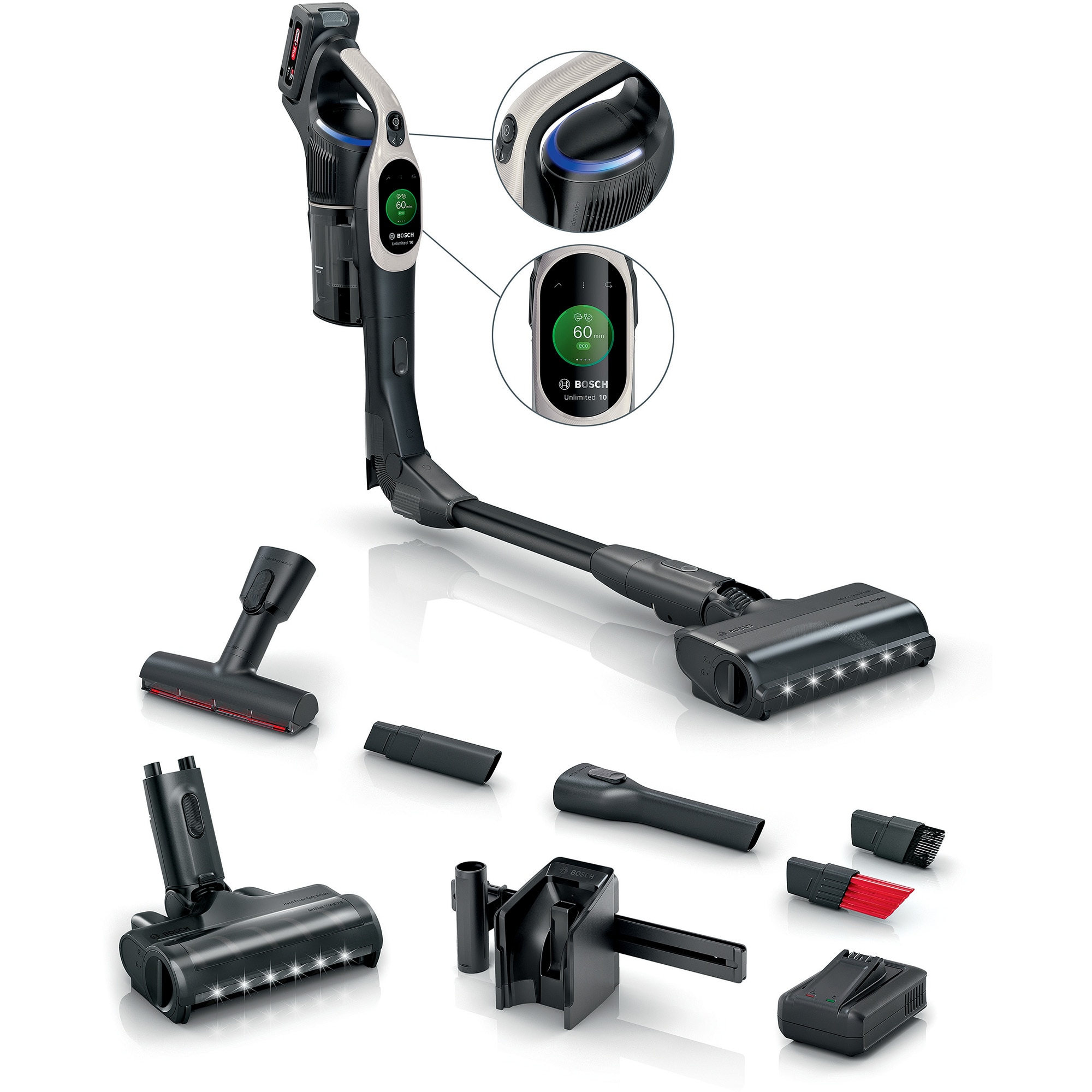 Bosch Unlimited 10 BBS1041GQC Cordless Vacuum: 4 Ah battery, 6 modes, MicroClean &amp; HardFloor Brushes, 80 min Eco runtime.