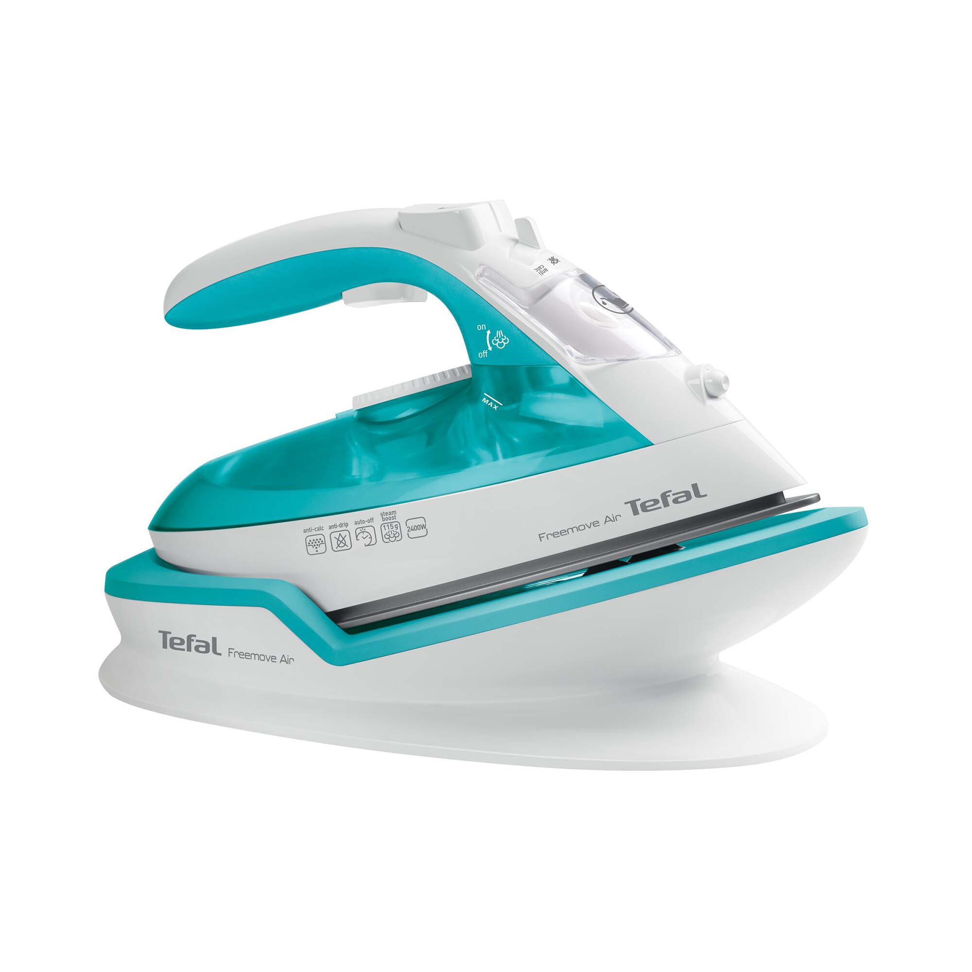 Iron Tefal Freemove Air FV6520E0, 2400 W, Water tank 025 l, Built-in anti-limescale system, Manual adjustment, White Turquoise
