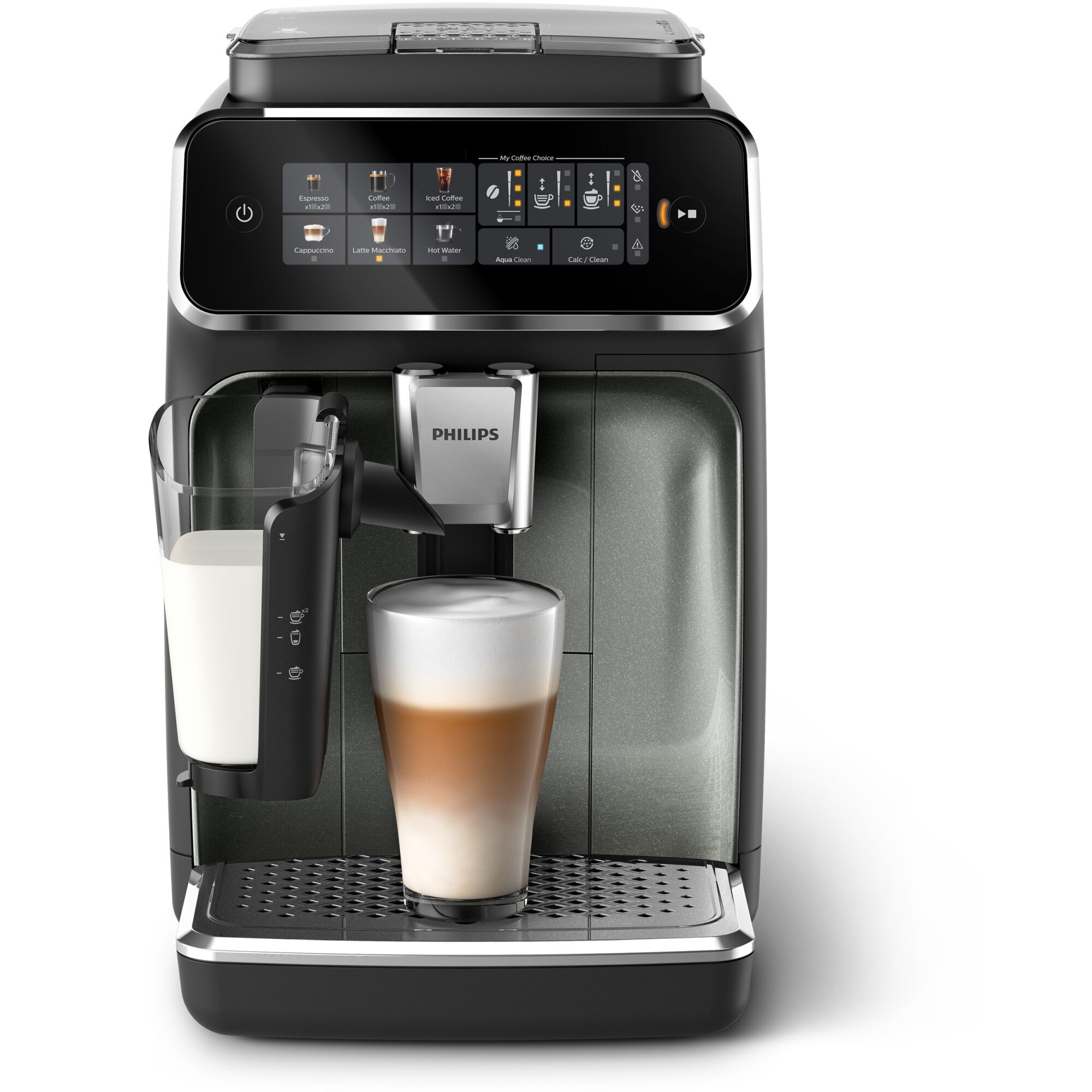 Espressor automat Philips seria 3300 EP3349/70, solutie de lapte LatteGO, 6 tipuri de bauturi, ecran tactil intuitiv, Tehnologie noua SilentBrew pentru preparare silentioasa, Aplicatie HomeID , rasnita ceramica, negru/argintiu