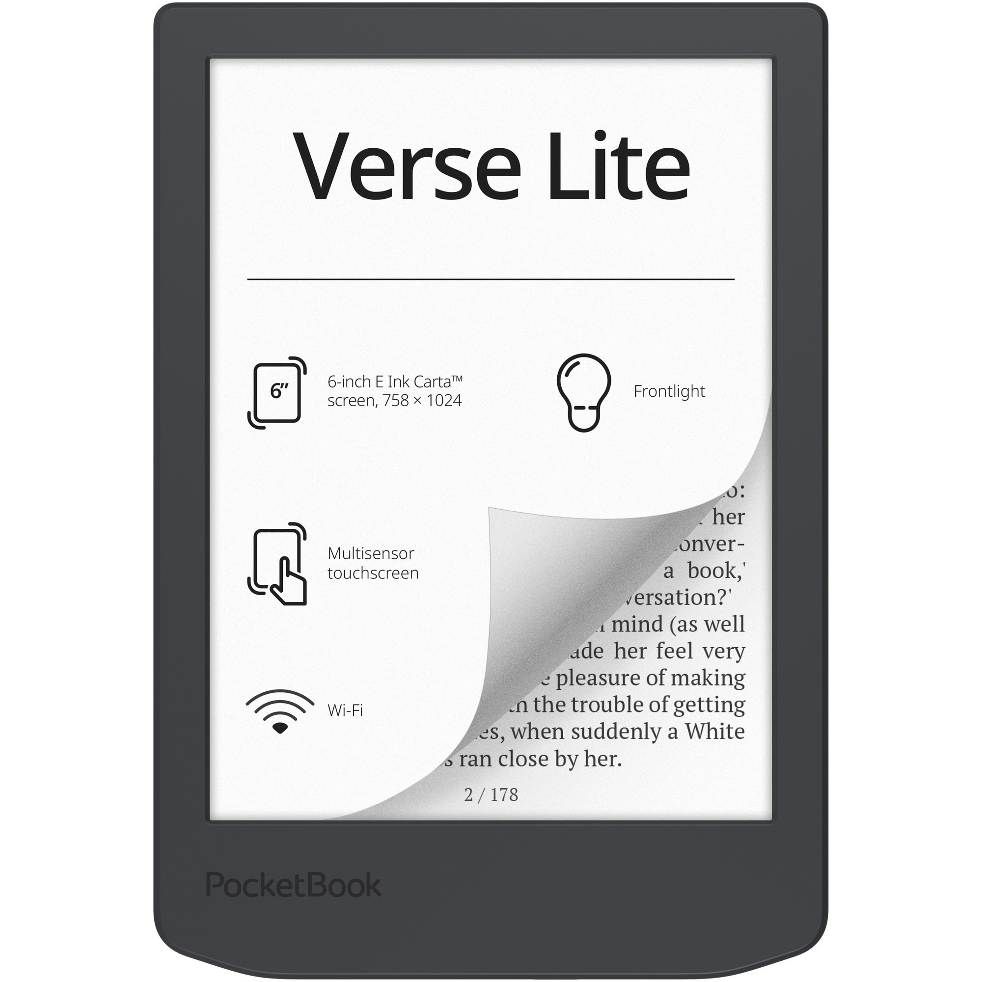 eBook Reader PocketBook Verse Lite PB619, 6.0" E Ink Carta™ HD touchscreen, 212dpi, 8GB, front lighting, WiFi, USB-C, Gray