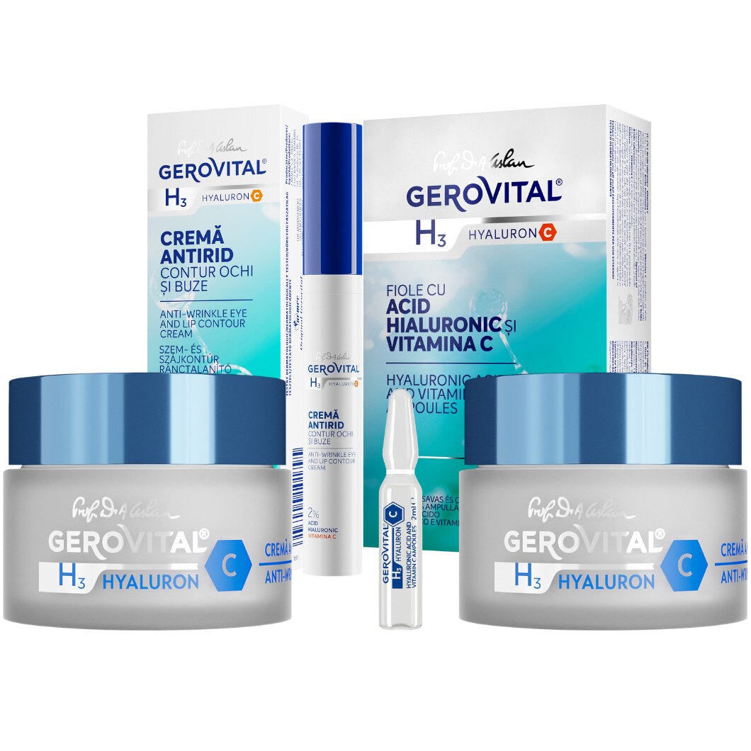 Gerovital H3 Hyaluon C gift package: Hyaluronic Acid 2% Hyaluron C ampoules, 10 ampoules x 2 ml + Hyaluron C day anti-wrinkle cream, 50 ml + Hyaluron C night anti-wrinkle cream, 50 ml + Hyaluron C 2% anti-wrinkle cream for eye and lip contour, 15 ml