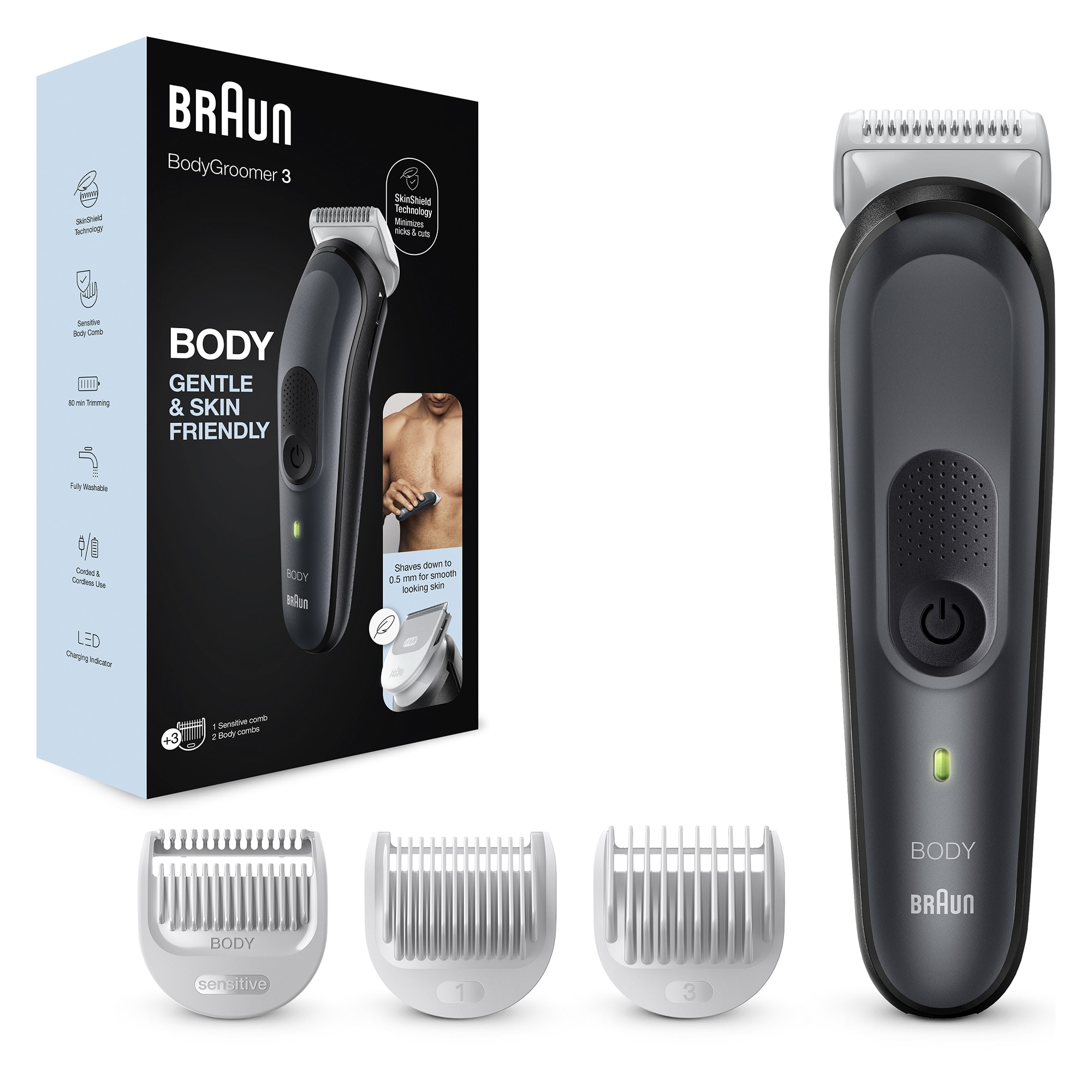 Braun BG3340 Body Groomer with Skinshield Technology, 2 fixed combs, 1 sensitive area comb, 1 charger, Black/Grey