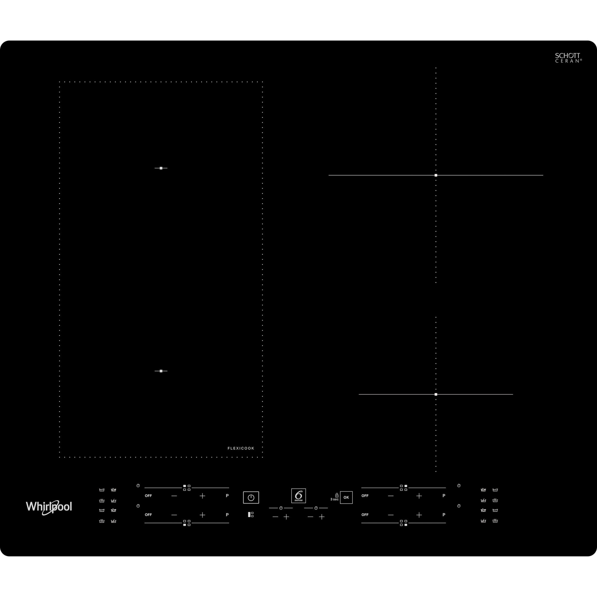 Plita incorporabila Whirlpool WLB8160NE, Inductie, 4 zone de gatit, 6th Sense, Timer, PoweManagement, Flexible Zone, 60 cm, Sticla neagra