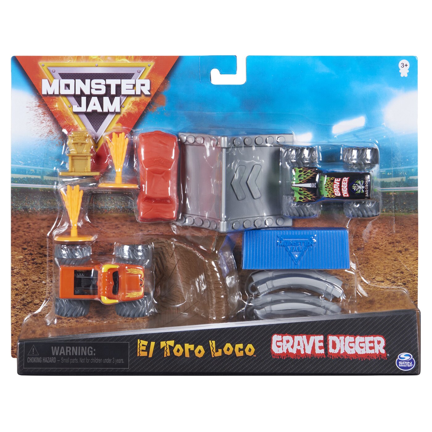 Set de joaca Monster Jam - El Toro Loco si Grave Digger, cu accesorii, scara 1:70