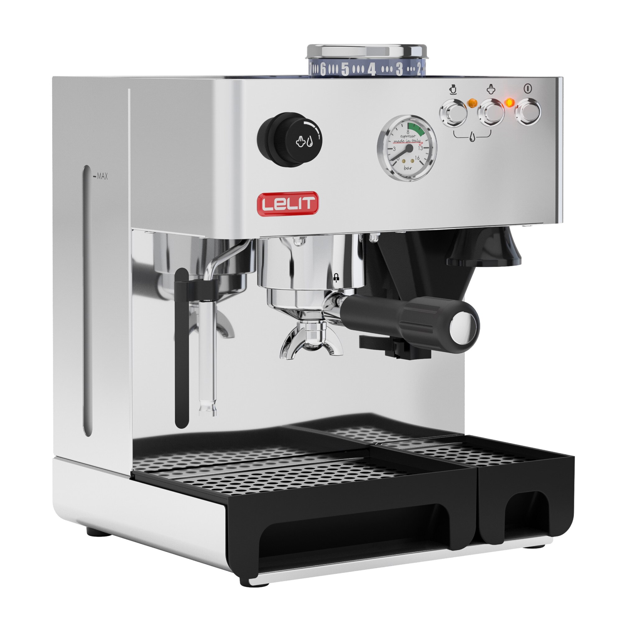 Espressor manual Lelit PL 42 EM, manometru, rasnita, 15 bar, inox, 1000 W, Negru/Argintiu