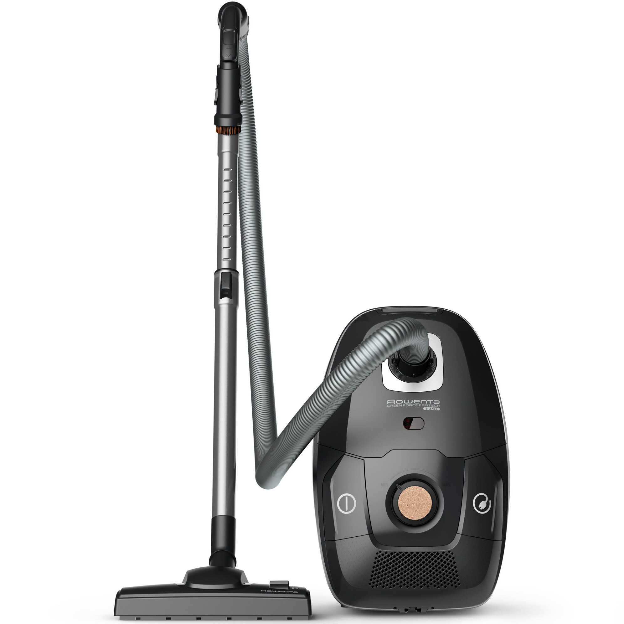 Aspirator cu sac Rowenta Green Force Effitech Total Clean RO6189EA, 400W, 3 niveluri de filtrare, lungime cablu 8.4m, recipient praf 4.5L, perie EasyBrush, indicator umplere sac, Negru