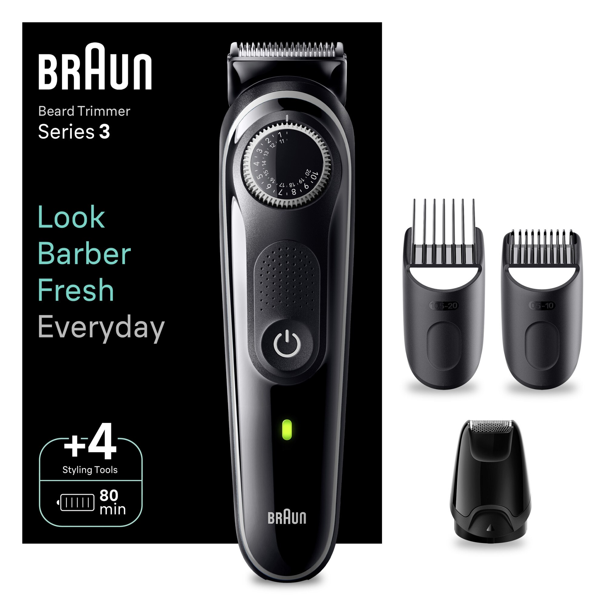 Aparat de tuns barba Braun Beard Trimmer BT3440, Wet&Dry, buton rotativ de precizie, 40 de setari pentru lungime, 1 mini-aparat de ras, 2 piepteni de precizie, autonomie 80 minute, Negru/Gri