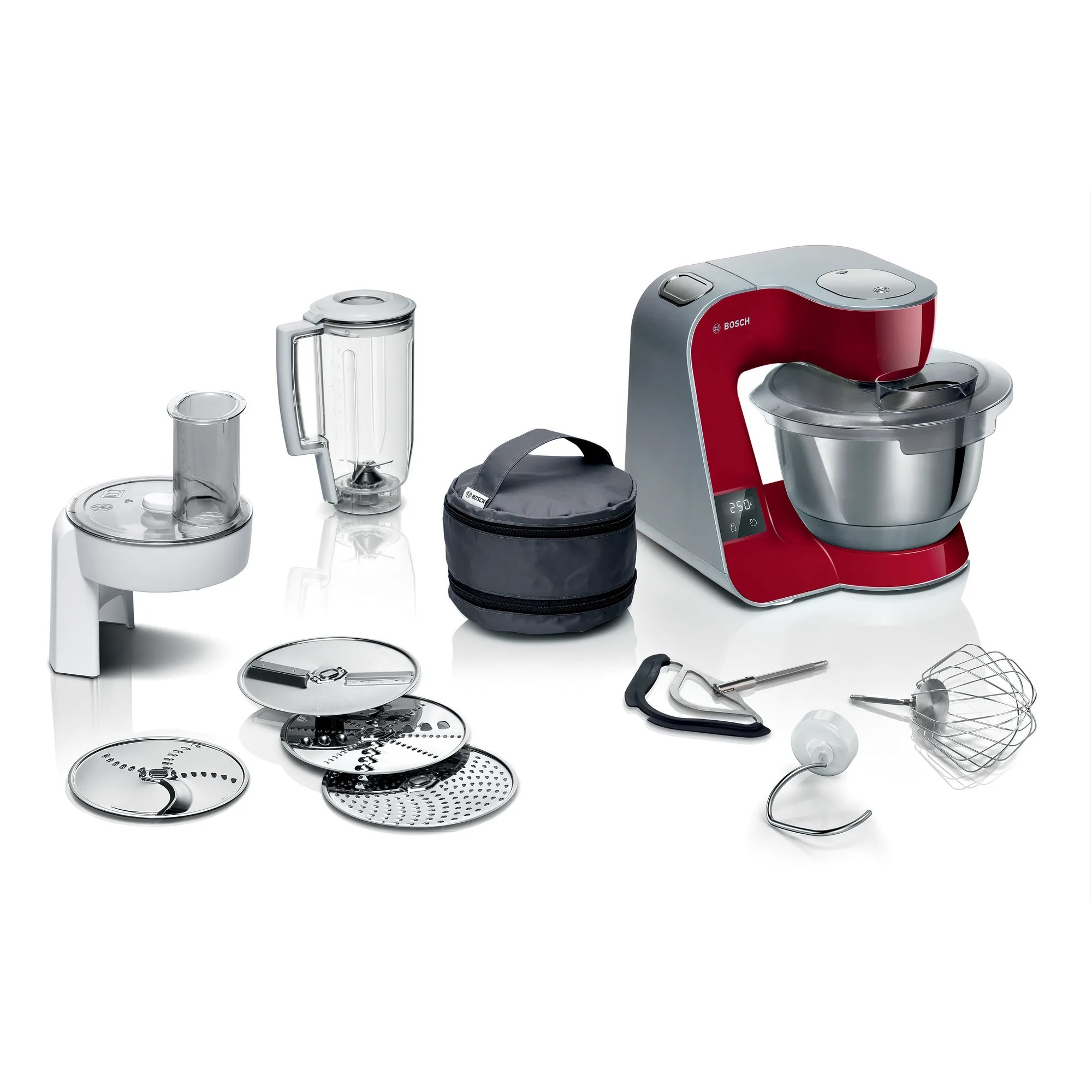 Bosch MUM5X720 food processor, with integrated scale, 1000 W, stainless steel bowl 39 l, blender 125 l, 7 speeds + pulses, 3D planetary mixer, red