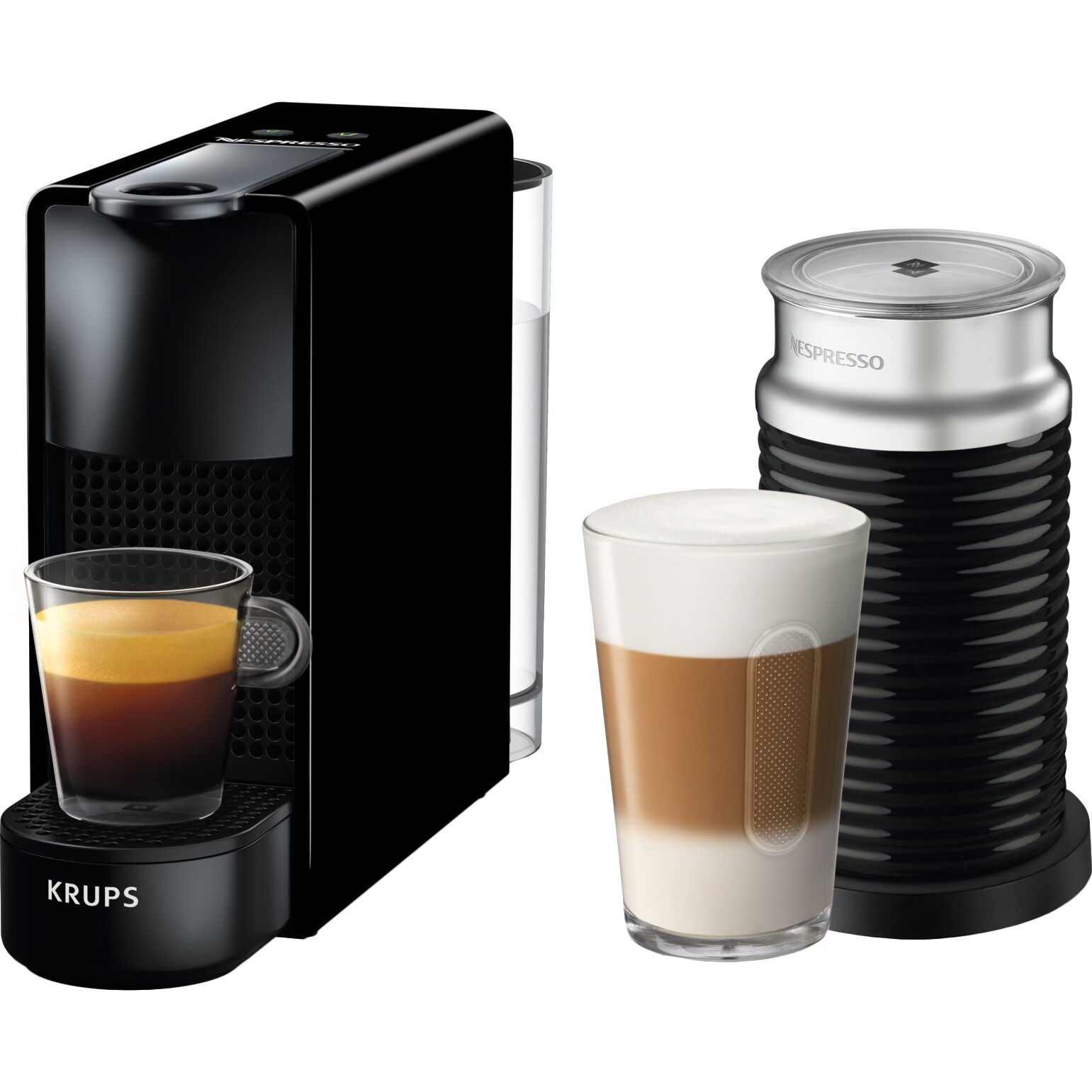 Package Nespresso by Krups Essenza Mini XN111810 Espresso Machine, 1450W, 19 Bar, + Aeroccino 3 Black Milk Frother, 0.6L, Black, + tasting capsule set
