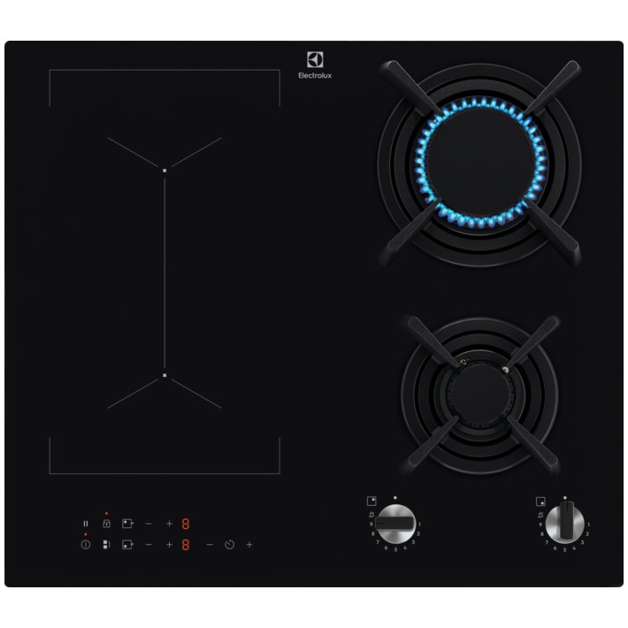 Plita Electrolux KDI641723K, 2 gaz/2 inducție, aprindere electrică, grătare fontă, 60 cm, negru