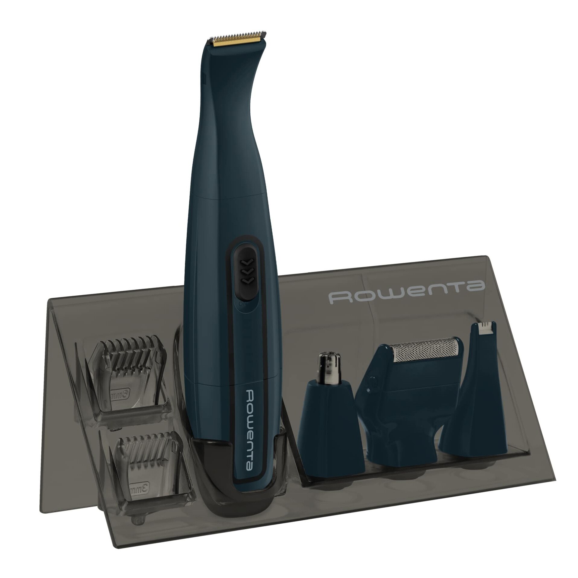 ROWENTA Nomad TN3651F0 beard trimmer, titanium coated blades, waterproof, shaving accessory, storage base, blue