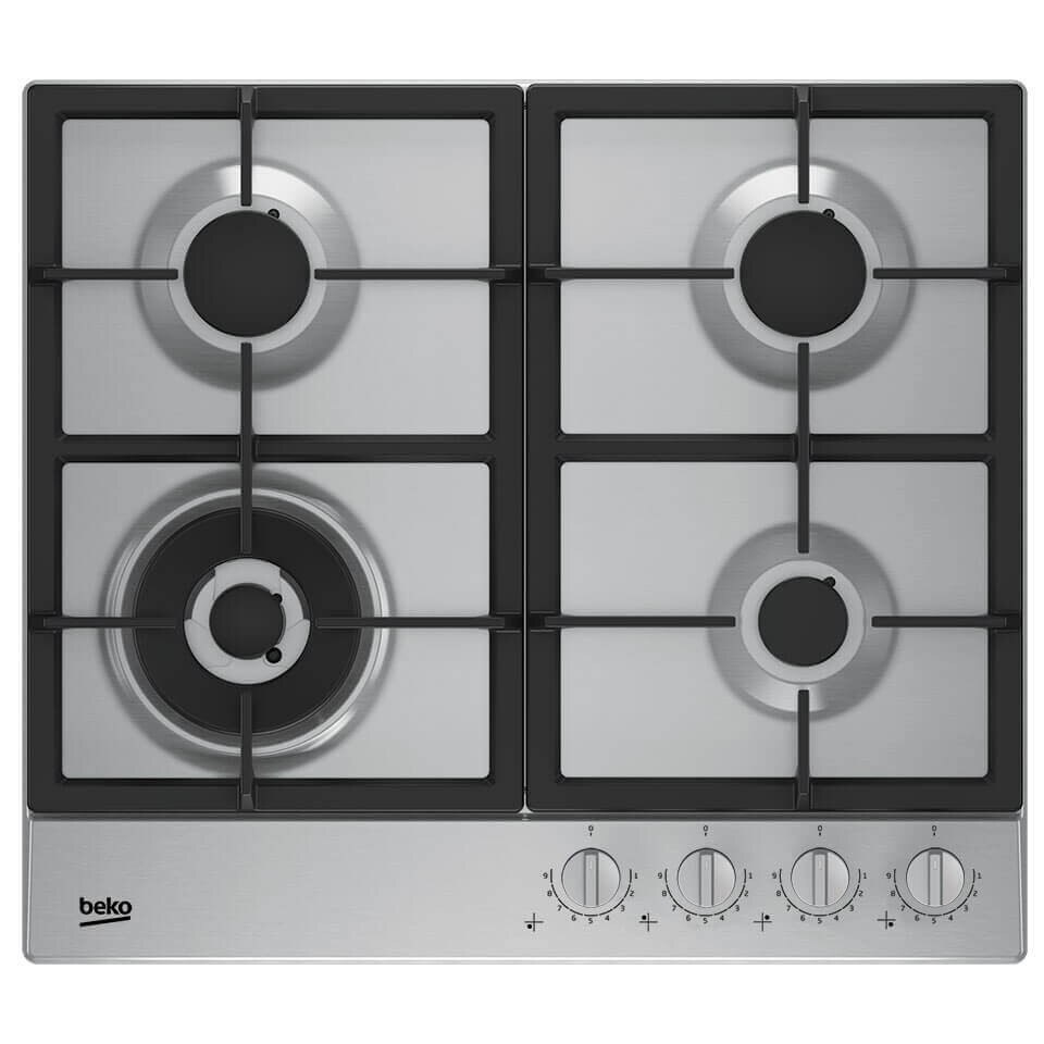 Plita incorporabila Beko HIAW64325SX, Gaz, 4 arzatoare, FlameAdjust™, Arzator wok, Gratare fonta, 60 cm, Inox