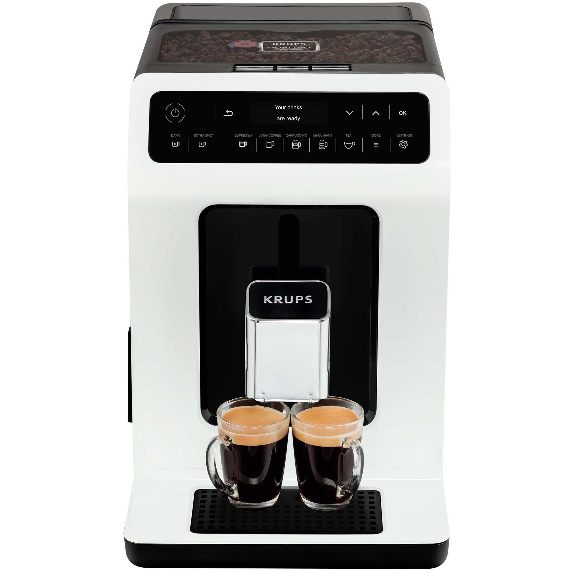 Espressor automat Krups Evidence EA890110, 1450W, 15 bari, rasnita cu 3 setari, 15 retete de bauturi, rezervor boabe 260g, rezervor apa detasabil 2.3L, functie One-Touch Cappuccino, alb