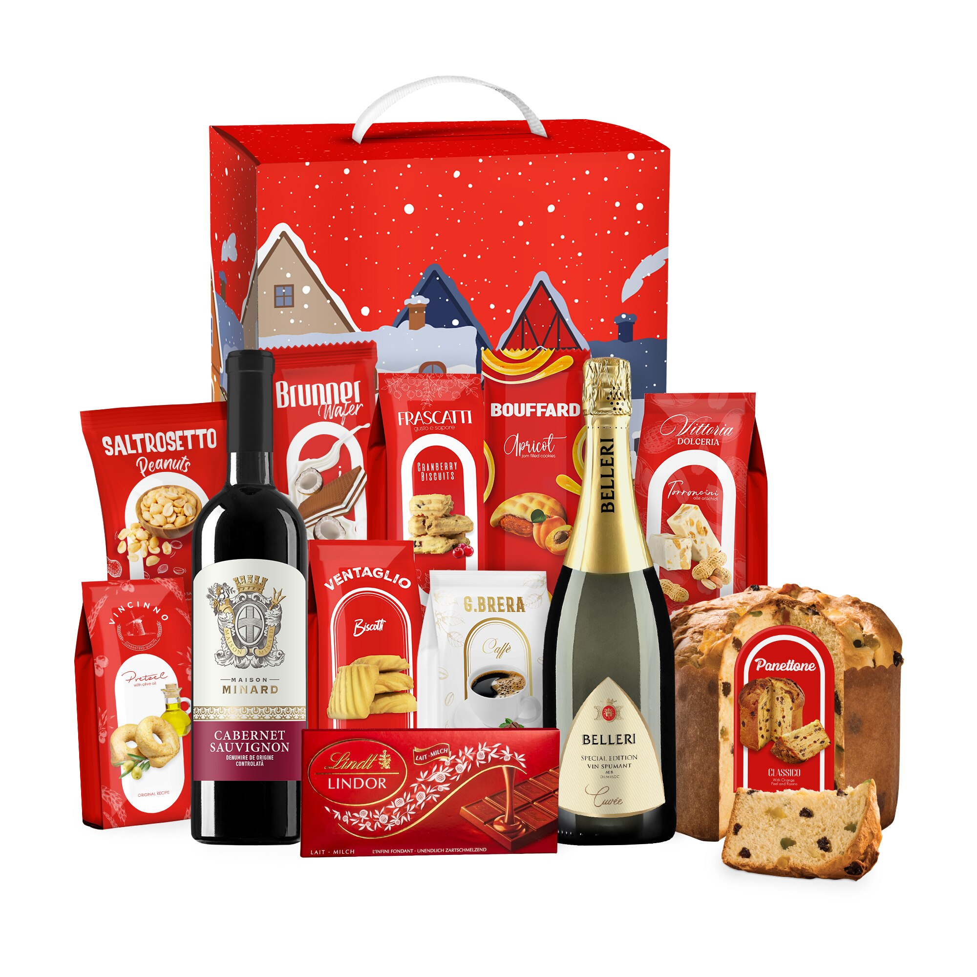 December - Gift Idea package, with Belleri Spumante sparkling wine, Maison Minard Cabernet Sauvignon &amp; Feteasca Neagra DOC red wine, panettone, Lindt Lindor milk chocolate tablet, G. Brera ground coffee, 13 pieces