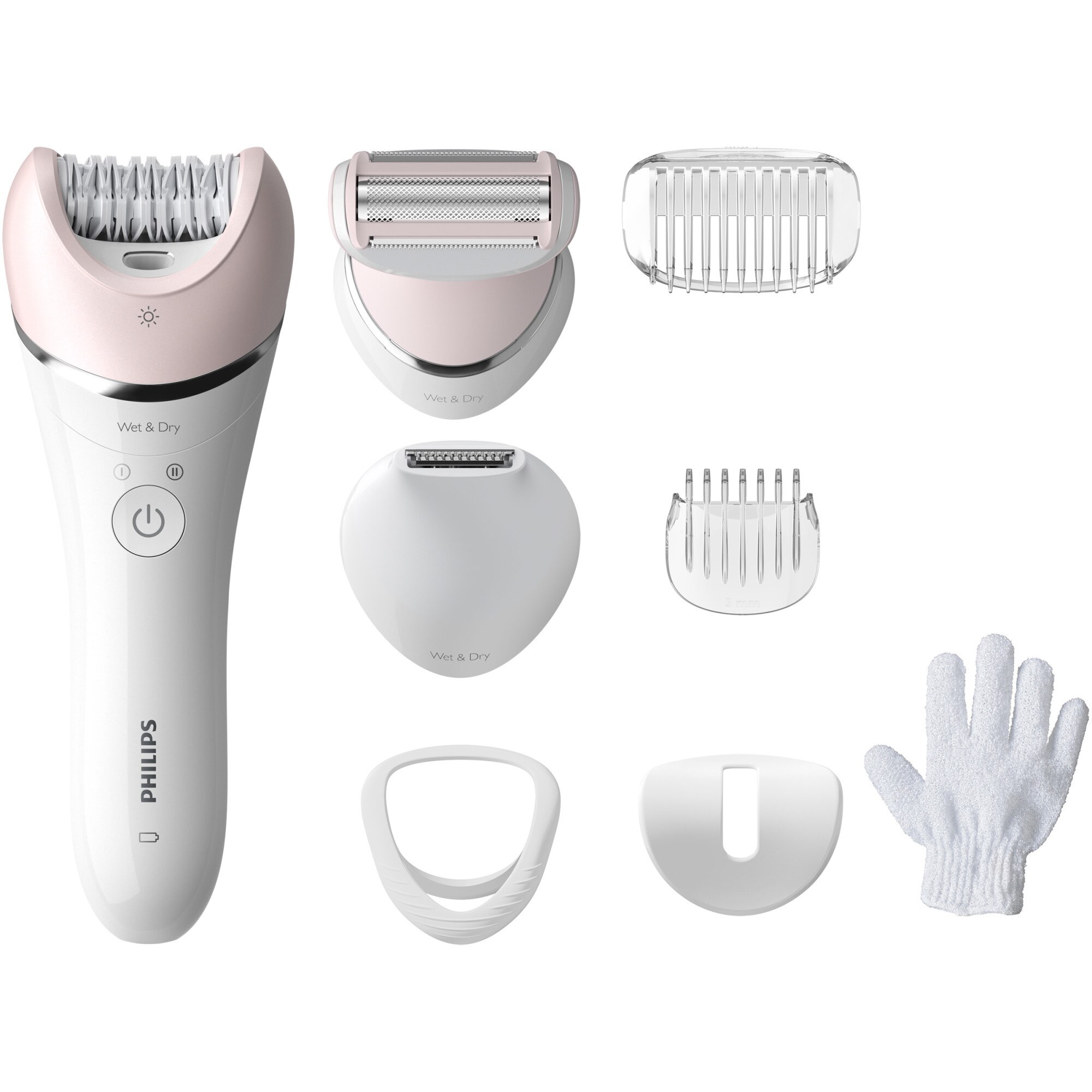 Wet and dry epilator Philips Series 8000 BRE72100, 8 accessories, 32 tweezers, cordless use, 2 speed settings, optilight, ceramic discs, Silver