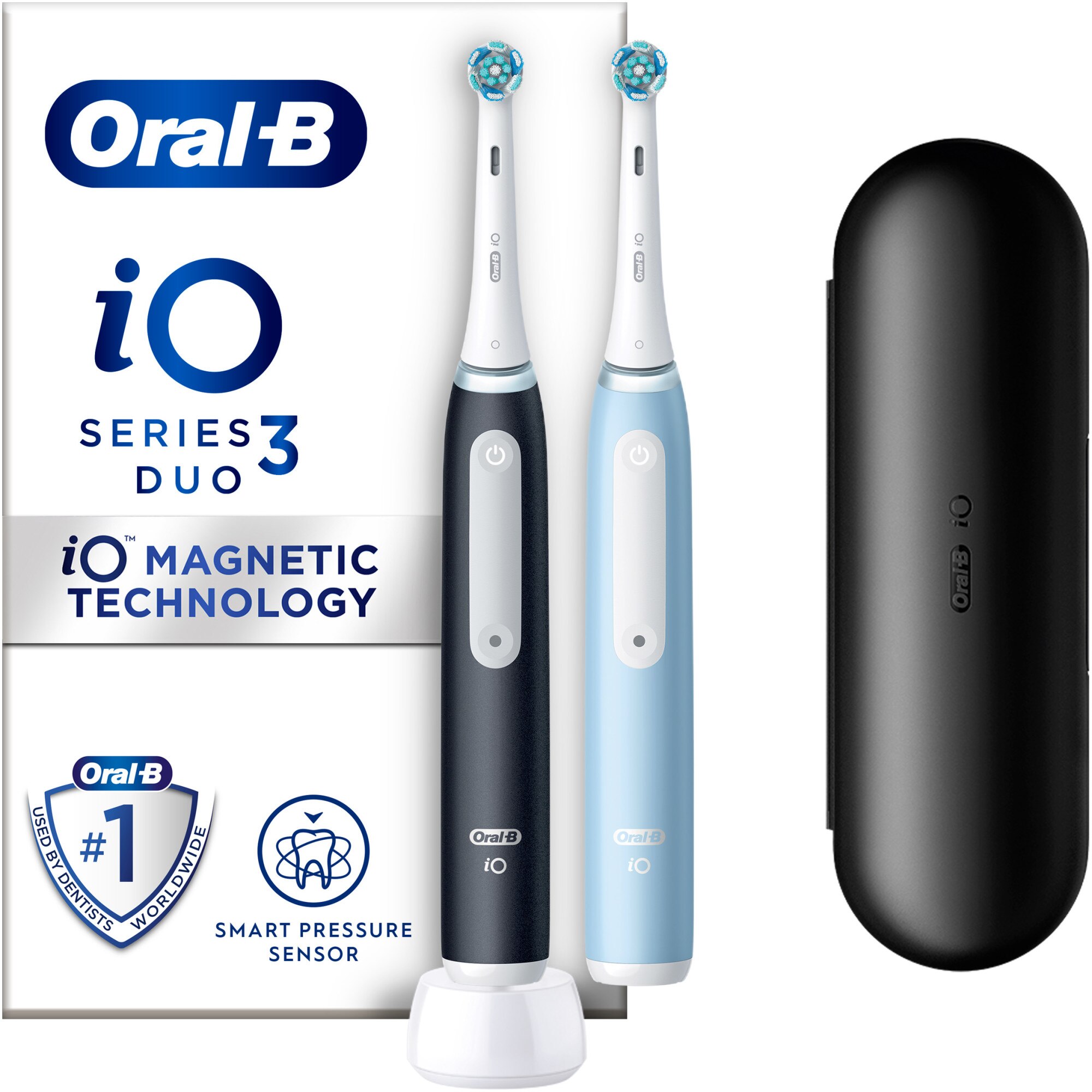 Set of 2 Oral-B iO3 Electric Toothbrushes with Magnetic Technology, 3 Modes, 2 Heads, Travel Kit, Black/Blue