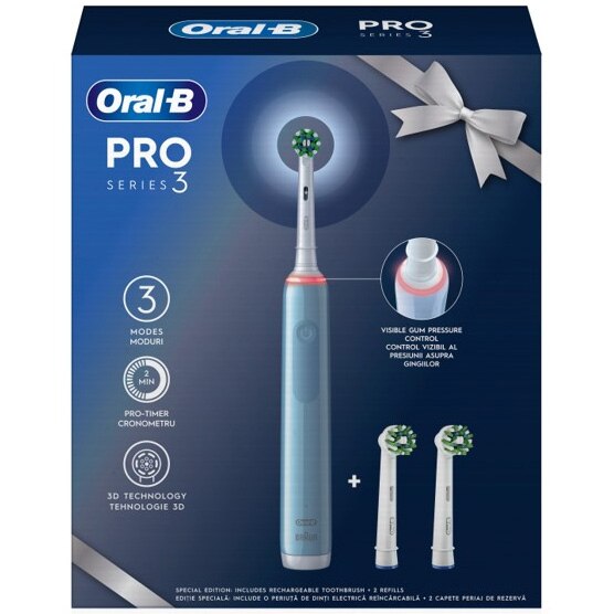 Oral-B Pro 3 Cross Action Electric Toothbrush, 3D Clean, 3 Programs, 1 Head, Blue + 2 Brush Heads