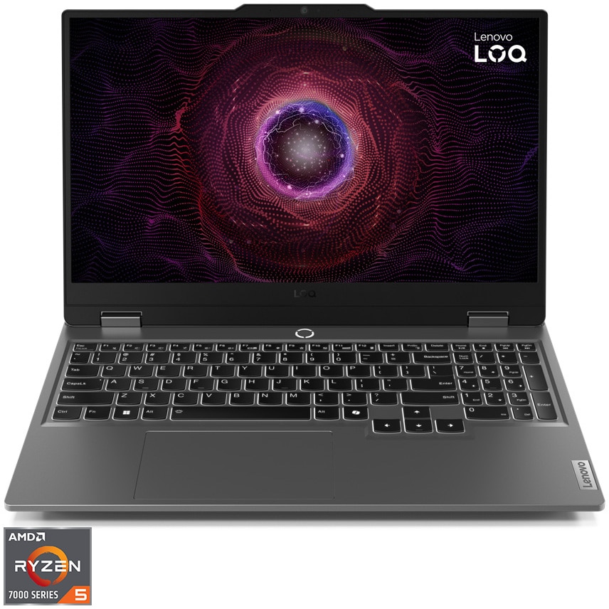 Laptop Gaming Lenovo LOQ 15ARP9 cu procesor AMD Ryzen™ 5 7235HS pana la 4.2GHz, 15.6" Full HD, IPS, 144Hz, 24GB DDR5, 1TB SSD, NVIDIA® GeForce RTX™ 3050 6GB GDDR6, No OS, Luna Grey