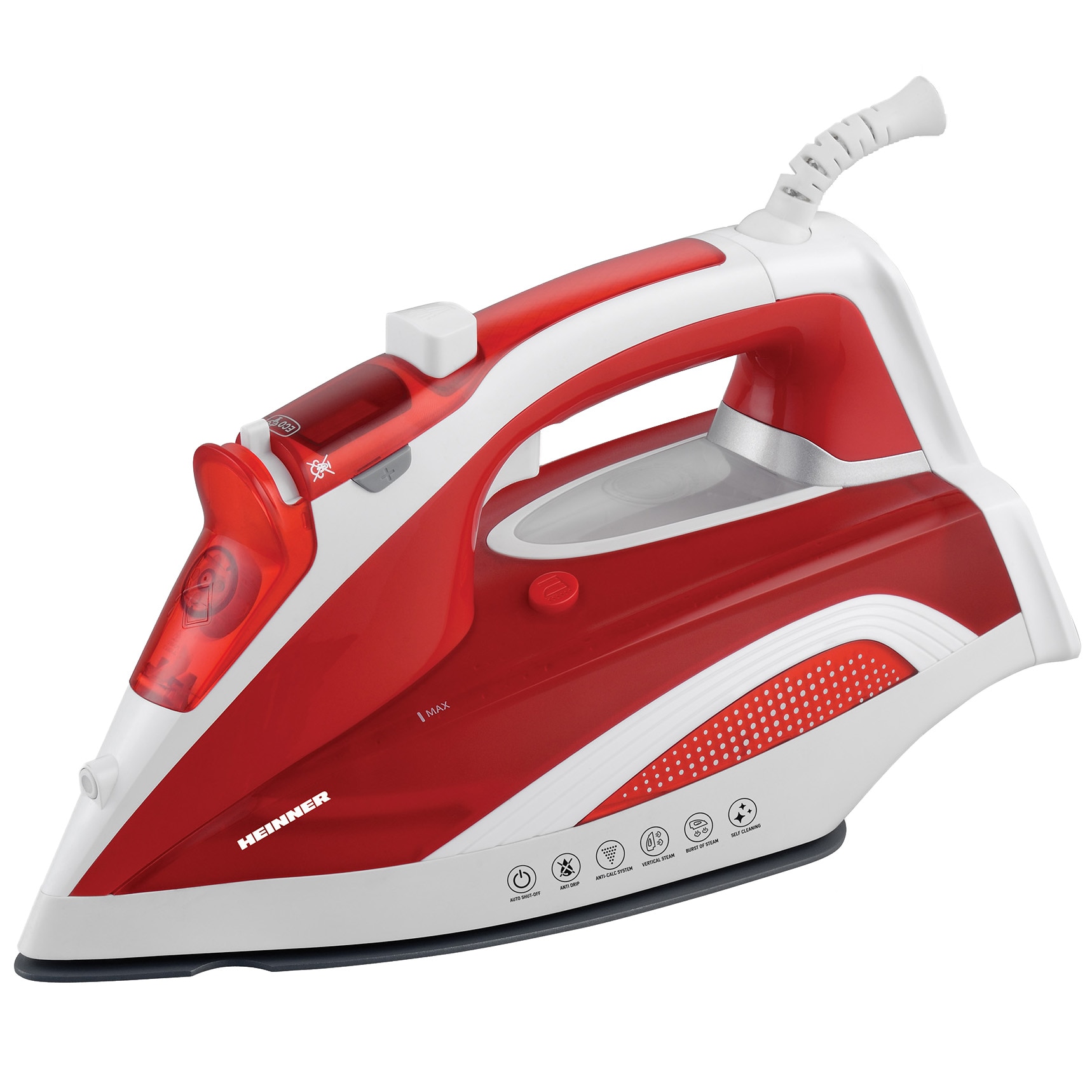 Fier de calcat Heinner HSI-2400RD, 2000-2400W, rezervor apa 380ml, talpa cu invelis ceramic, functie anti-calcar, auto-curatare, anti-picuriare, Rosu