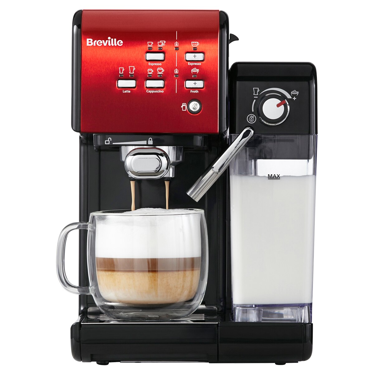 Breville VCF109X Prima Latte II manual espresso machine, 19 bar, 1.5 l, 0.6 l milk container, red