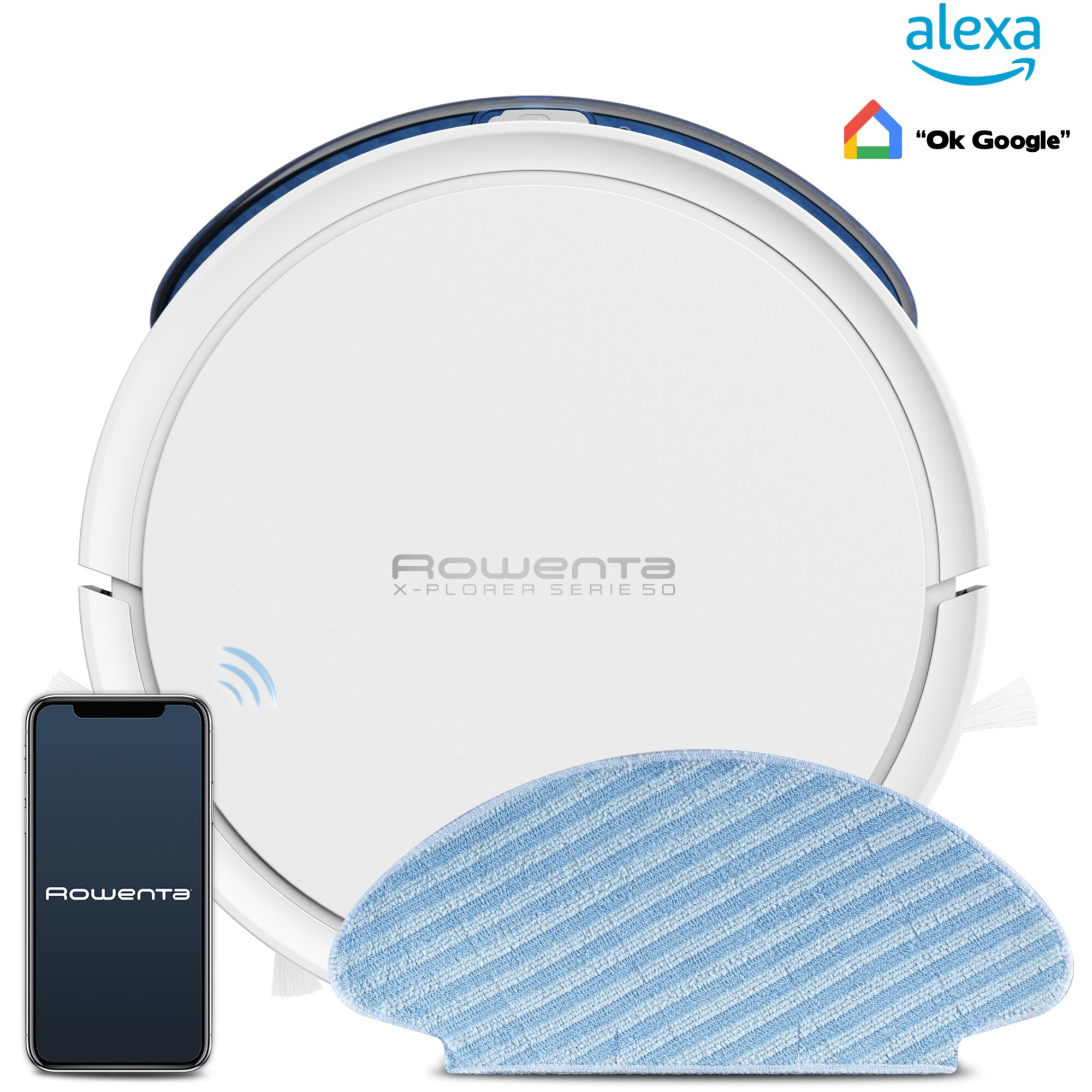 Robot de aspirare Rowenta X-Plorer Serie 50 RR7387WH, aspirator si mop, 33W, 1500 Pa, autonomie 120 min, 2200 mAh, 7 senzori, recipient praf 0.4L, recipient apa 110 ml, 3 functii de curatare, Wi-Fi, control vocal, sistem Aqua Force, alb