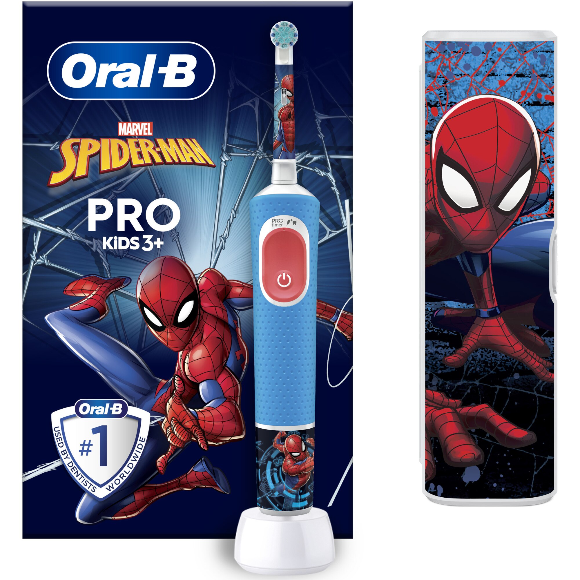 Oral-B Pro Kids Spiderman Electric Toothbrush, 2D Cleaning, 2 Programs, 1 Head, Travel Kit, Blue