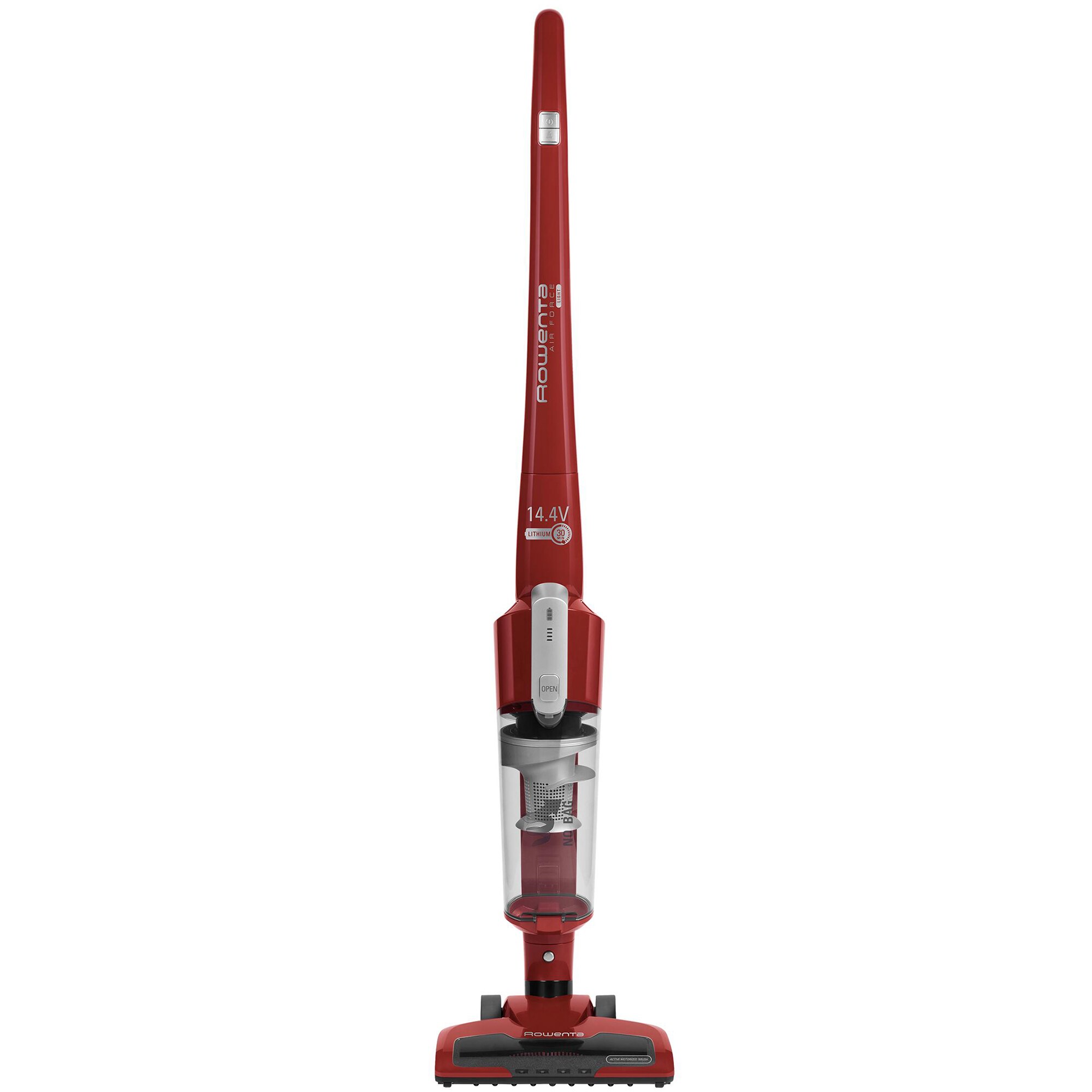 Vertical vacuum cleaner Rowenta Air Force Light RH6543, 30W, 144V, max 30 min, recharge 5 hours, rectangular nozzle, LED lighting, container 065L, foam filter, red