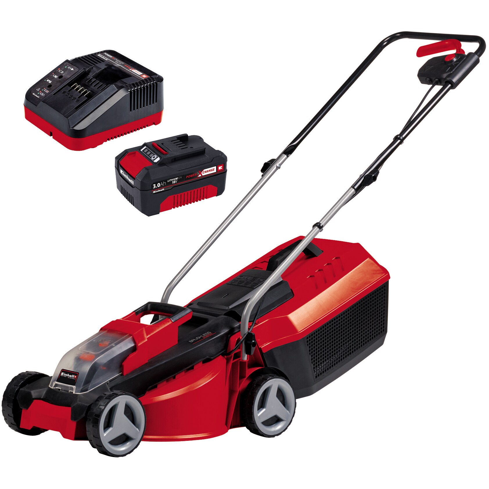 Einhell PXC GE-CM 18/30 cordless lawn mower, cutting width 30 cm, 3 cutting levels, cutting height 30-70 mm, 25 L collector bag, contains: 18V 3 Ah Li-Ion battery + fast charger