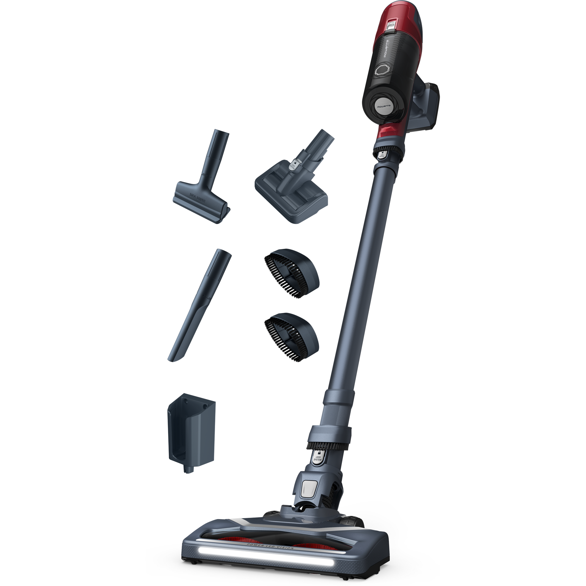 Aspirator vertical fara fir Rowenta X-Pert 6.60 Animal Care RH6878WO, 100W, 18V, autonomie 45 min, filtrare 94%, perie cu iluminare LED, recipient praf 0.55 L, accesorii animal care, functie boost, rosu & gri