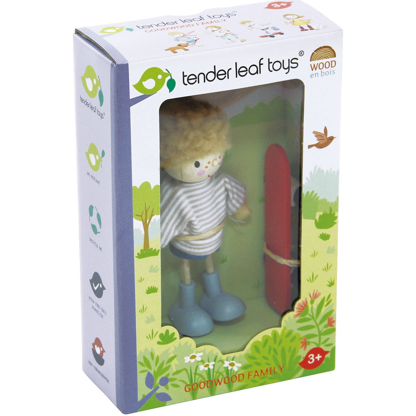 Set figurine din lemn Tender Leaf Toys - Edward pe skateboard, 10 cm