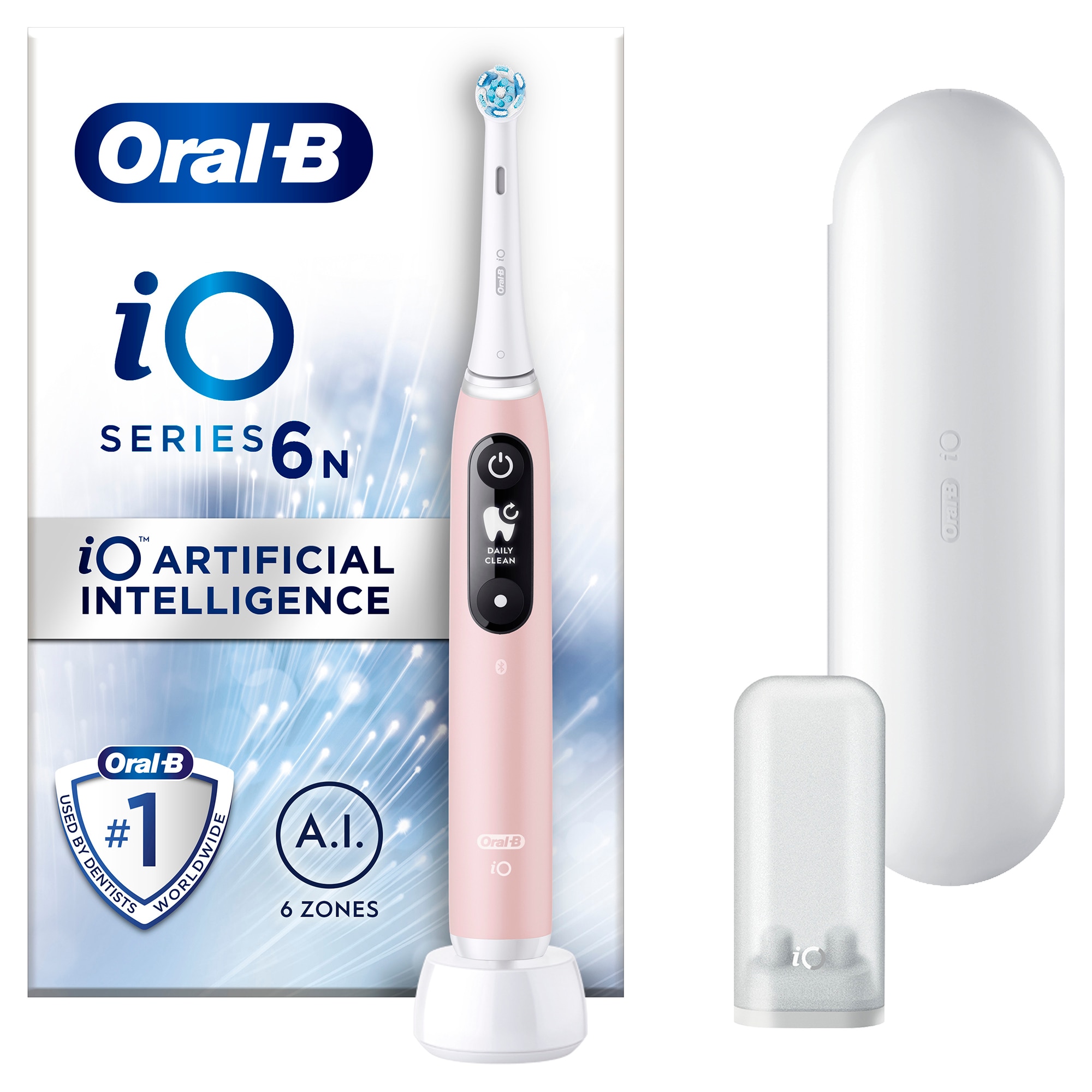 Oral-B iO6 N electric toothbrush with magnetic and micro-vibration technology, artificial intelligence, interactive LED display, smart pressure sensor, visible timer, 5 modes, 1 head, travel kit, pink