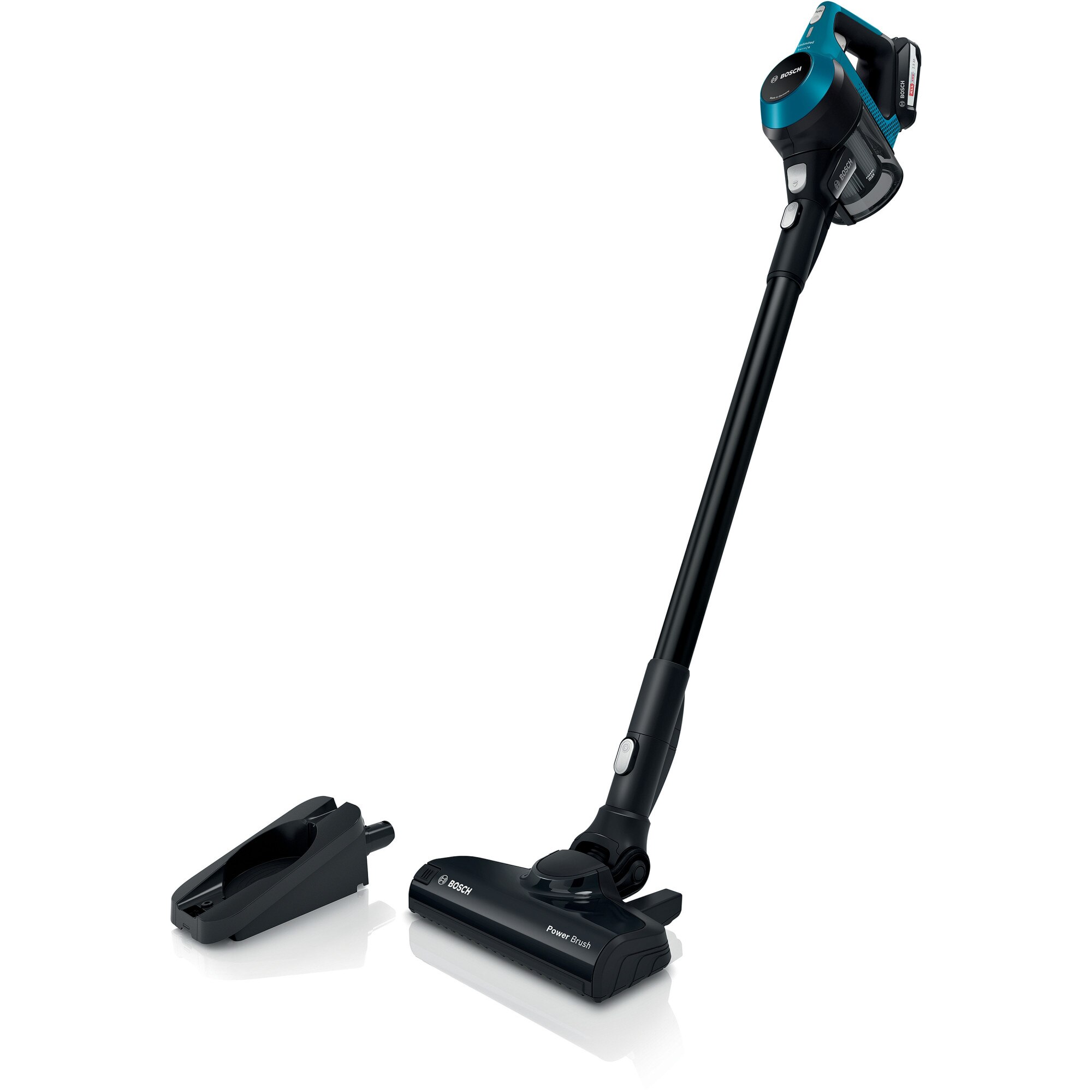 Vertical vacuum cleaner with battery Bosch BBS611LAG Series 6, 18V (25 Ah), 1984 Kwhan, 2 power levels, autonomy 30 min normal mode, 8 min Turbo level, collection capacity 03 l, noise level 85dB, electric brush AllFloor HighPower, Blue