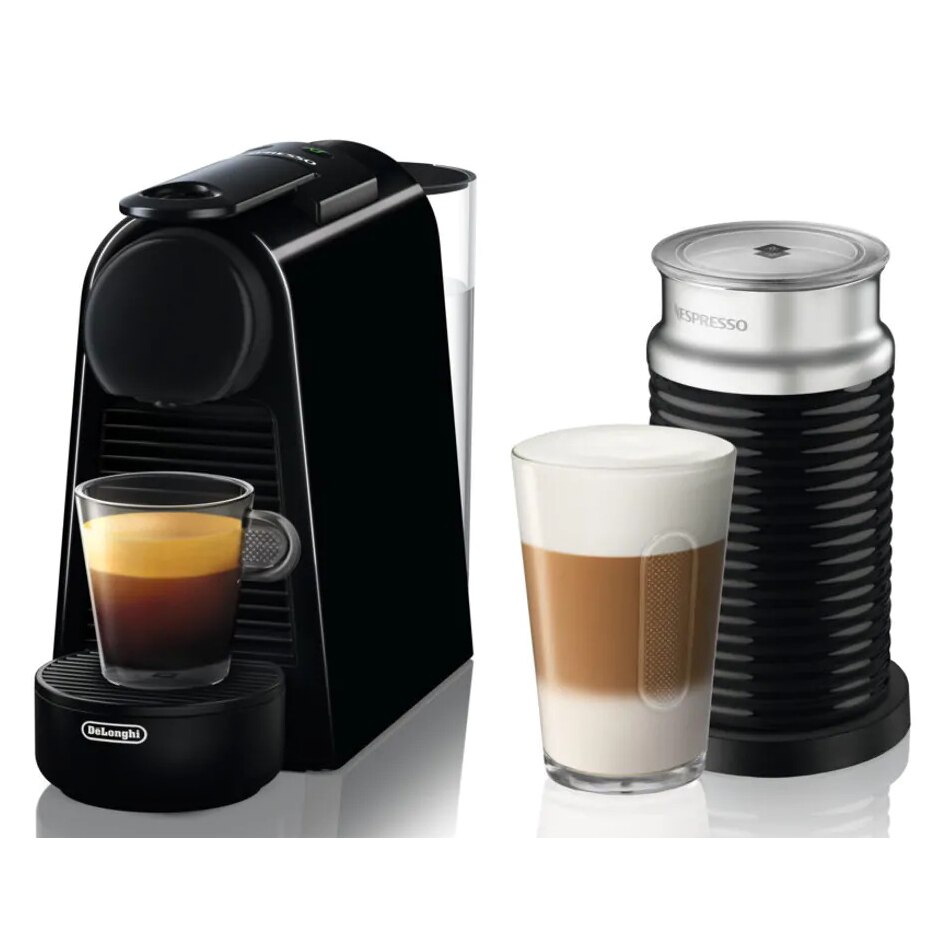 Package Nespresso De'Longhi Essenza Mini Black Espresso Machine, 19 bar, 1260 W, 0.6 l + AEROCCINO 3 Black 410W Milk Frother, tasting capsule set included