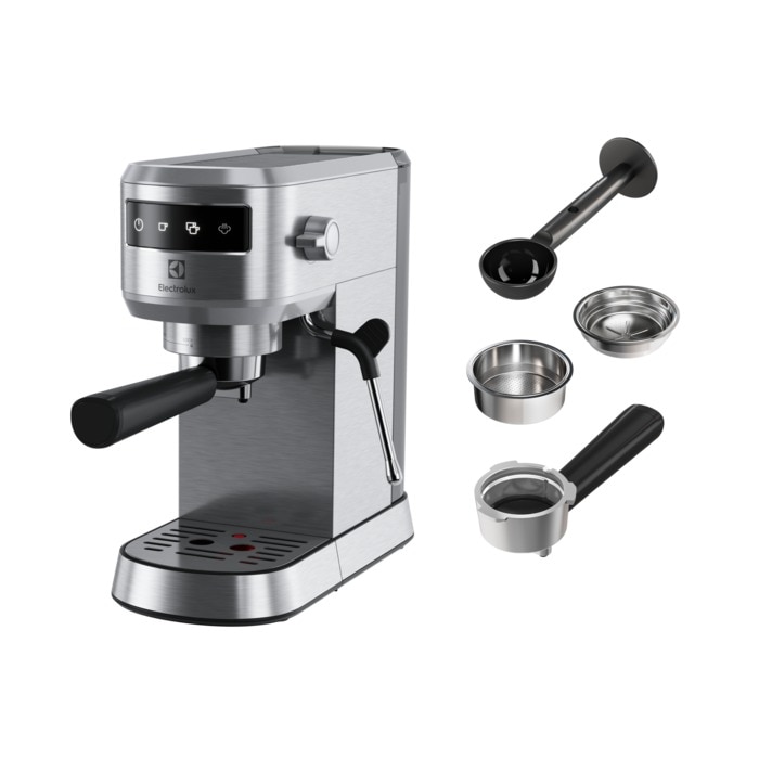 Manual espresso machine Electrolux Explore 6 E6EC16ST, 1400W, 15 bar, 1l, heated support for mists, digital front selector, ThermoBlock technology for fast heating, AutoShot Volume Control, hot water option, descaling notification, stainless steel